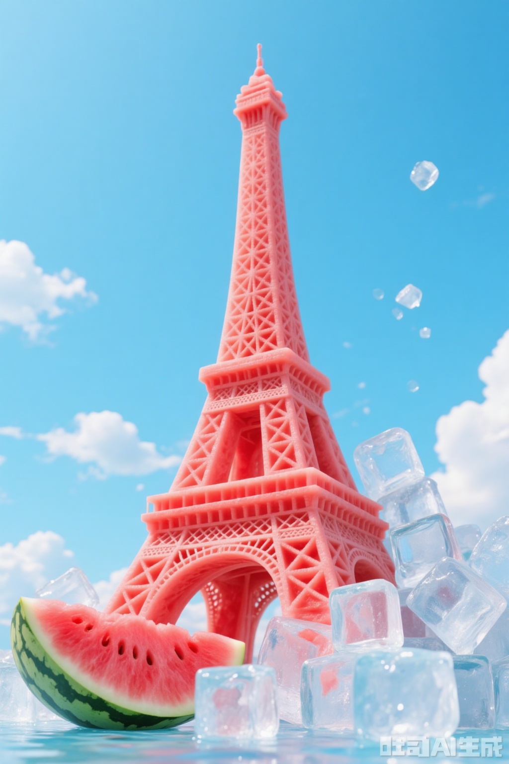 The image depicts a pink Eiffel Tower made of a material that resembles food

placed against a bright blue sky with white clouds. Surrounding the Eiffel Tower are several transparent ice cubes

and in front of the tower

there is a slice of watermelon. The overall scene gives a playful and surreal impression

blending elements of food art with a whimsical

summery theme.

