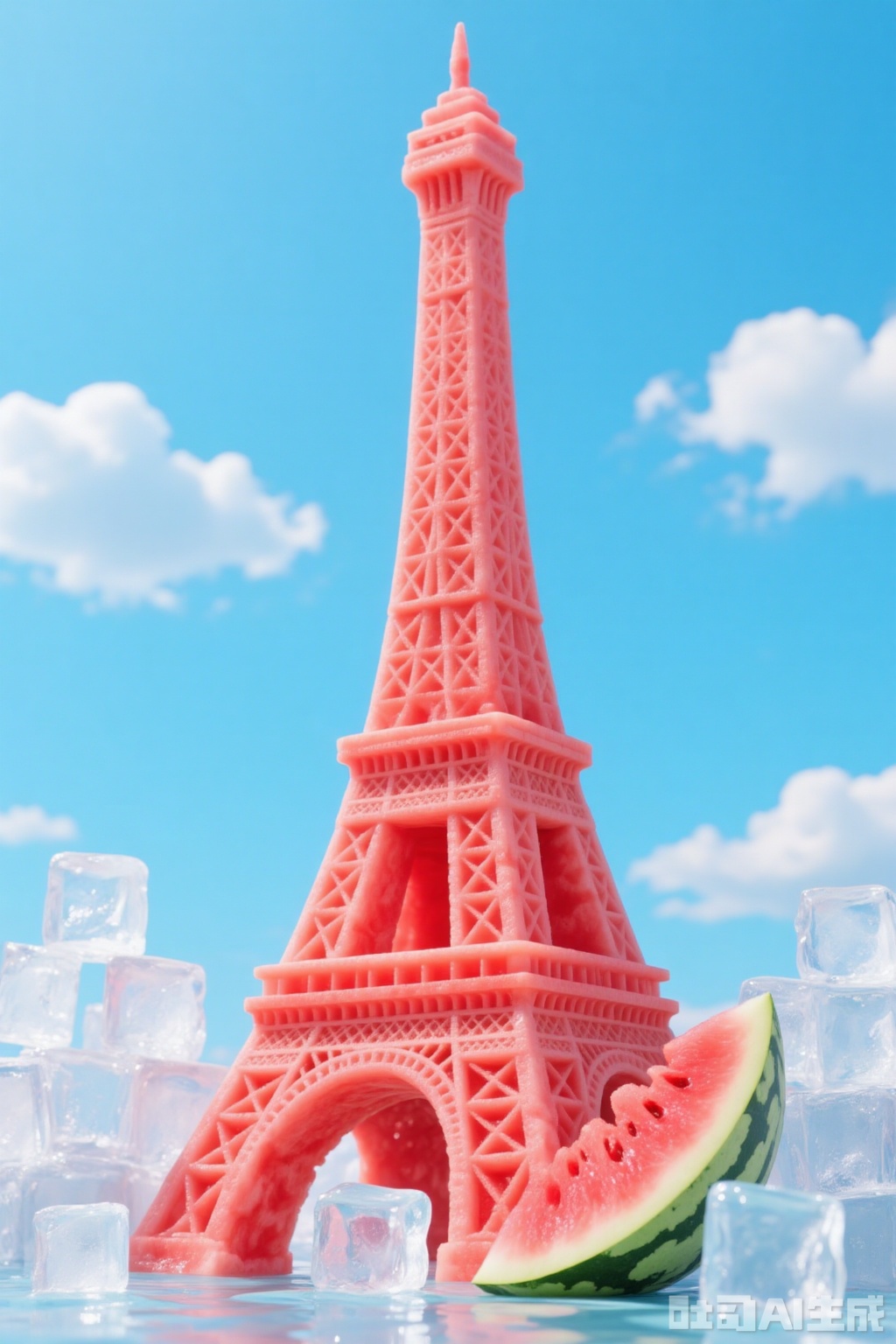 The image depicts a pink Eiffel Tower made of a material that resembles food

placed against a bright blue sky with white clouds. Surrounding the Eiffel Tower are several transparent ice cubes

and in front of the tower

there is a slice of watermelon. The overall scene gives a playful and surreal impression

blending elements of food art with a whimsical

summery theme.


