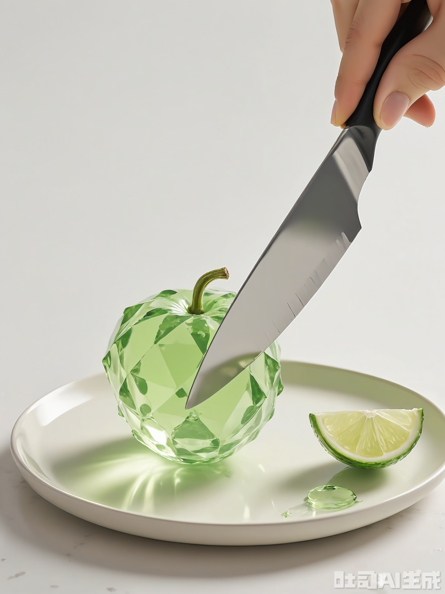 QSG, A photograph of a hand holding a large, faceted, bright green honeydew melon cube with a pointed edge, being carefully diced with a knife. The melon cube sits on a smooth, white ceramic bowl. The hand has well-groomed nails with a lime green polish. The knife is metallic and has a black wooden handle, adding a natural touch. The image is illuminated with soft, natural light, highlighting the melon's crisp texture and sweet aroma (implied). The background is simple and unadorned, focusing on the dicing process.