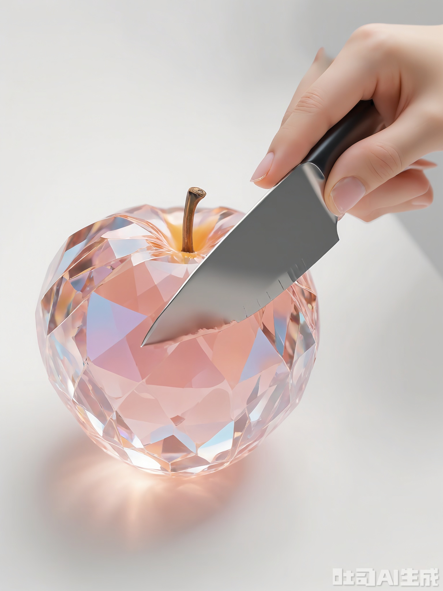 QSG, A photograph of a pair of hands delicately cutting a large, faceted crystal peach with a small knife. The crystal peach's fuzzy texture is mimicked in the crystal, creating a tender appearance. The hands are gentle, with trimmed nails. The background is a clean, white surface. The focus is on the crystal peach and the hands, with a shallow depth of field blurring the surroundings. The image has a soft, romantic quality.