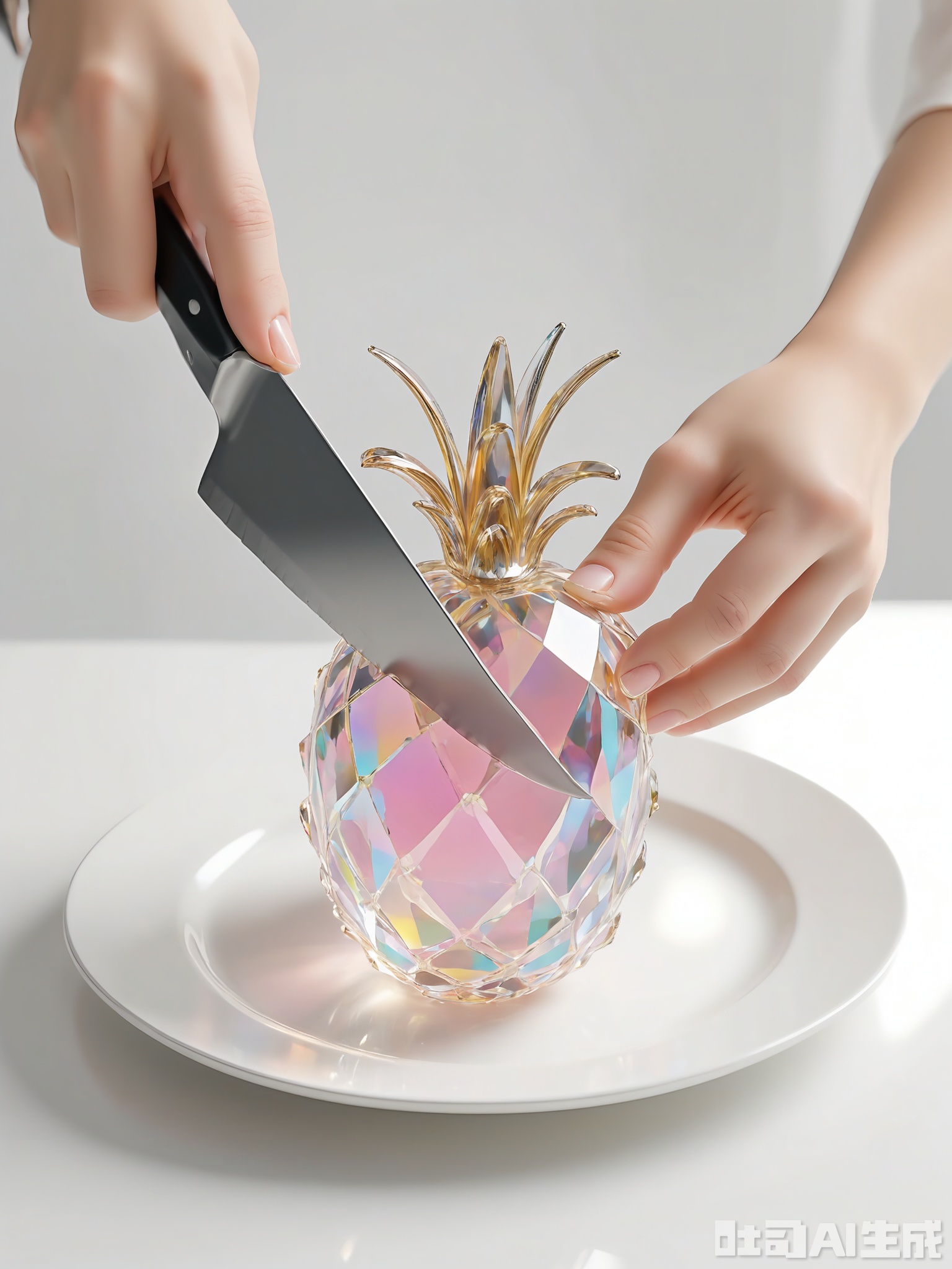 QSG, A photograph of a pair of hands carefully carving a large, faceted crystal pineapple with a special knife. The crystal pineapple's spikes glint like metal, adding to its dramatic appearance. The hands are strong, with neat nails. The background is a clean, white tray. The focus is on the crystal pineapple and the hands, with a shallow depth of field creating a soft blur in the background. The image has a bold, tropical vibe.