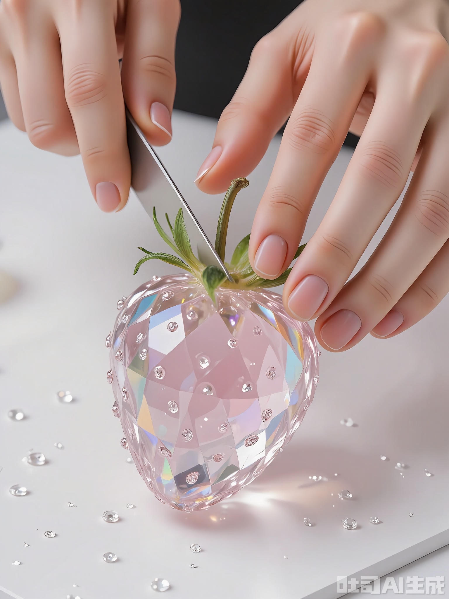 QSG, An image of hands carefully cutting a faceted crystal strawberry, its seeds glinting like tiny diamonds. The crystal strawberry shines brightly, catching the light. The hands are dainty, with manicured nails. The backdrop is a clean, white board. The emphasis is on the crystal strawberry and the hands, with a soft focus on the background. The image has a sweet, charming look.

