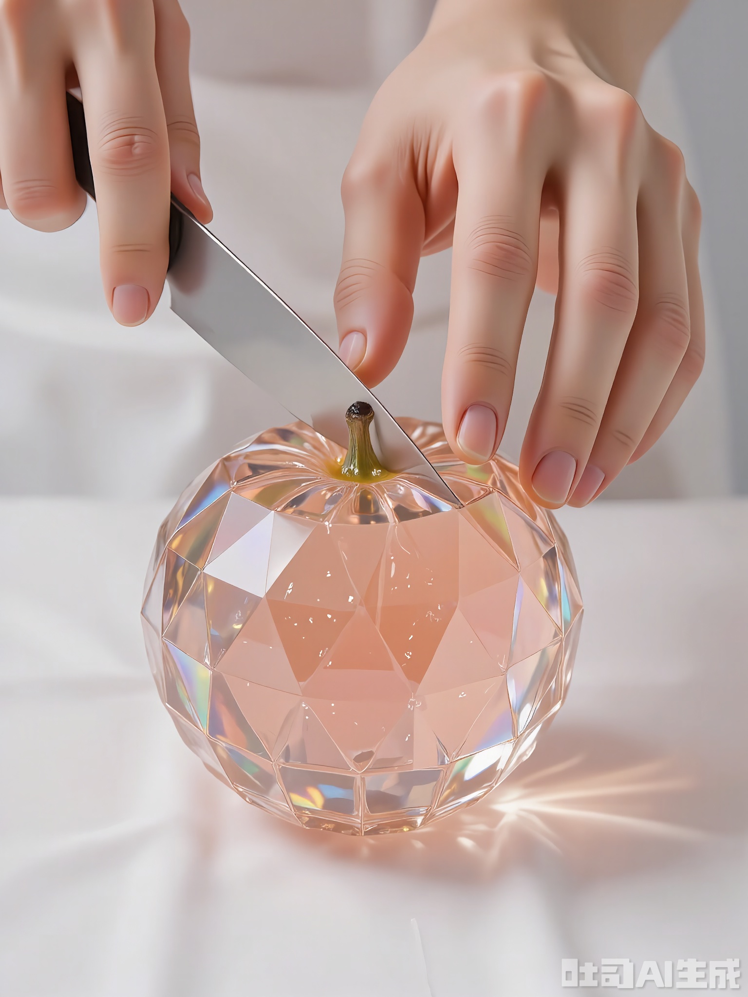 QSG, A photograph of a pair of hands slicing a large, faceted crystal grapefruit with a sharp blade. The crystal grapefruit's segments glow under the light, enhancing its zesty appearance. The hands are steady, with trimmed nails. The backdrop is a simple, white cloth. The emphasis is on the crystal grapefruit and the hands, with a gentle blur in the background. The image has a fresh, citrusy vibe.

