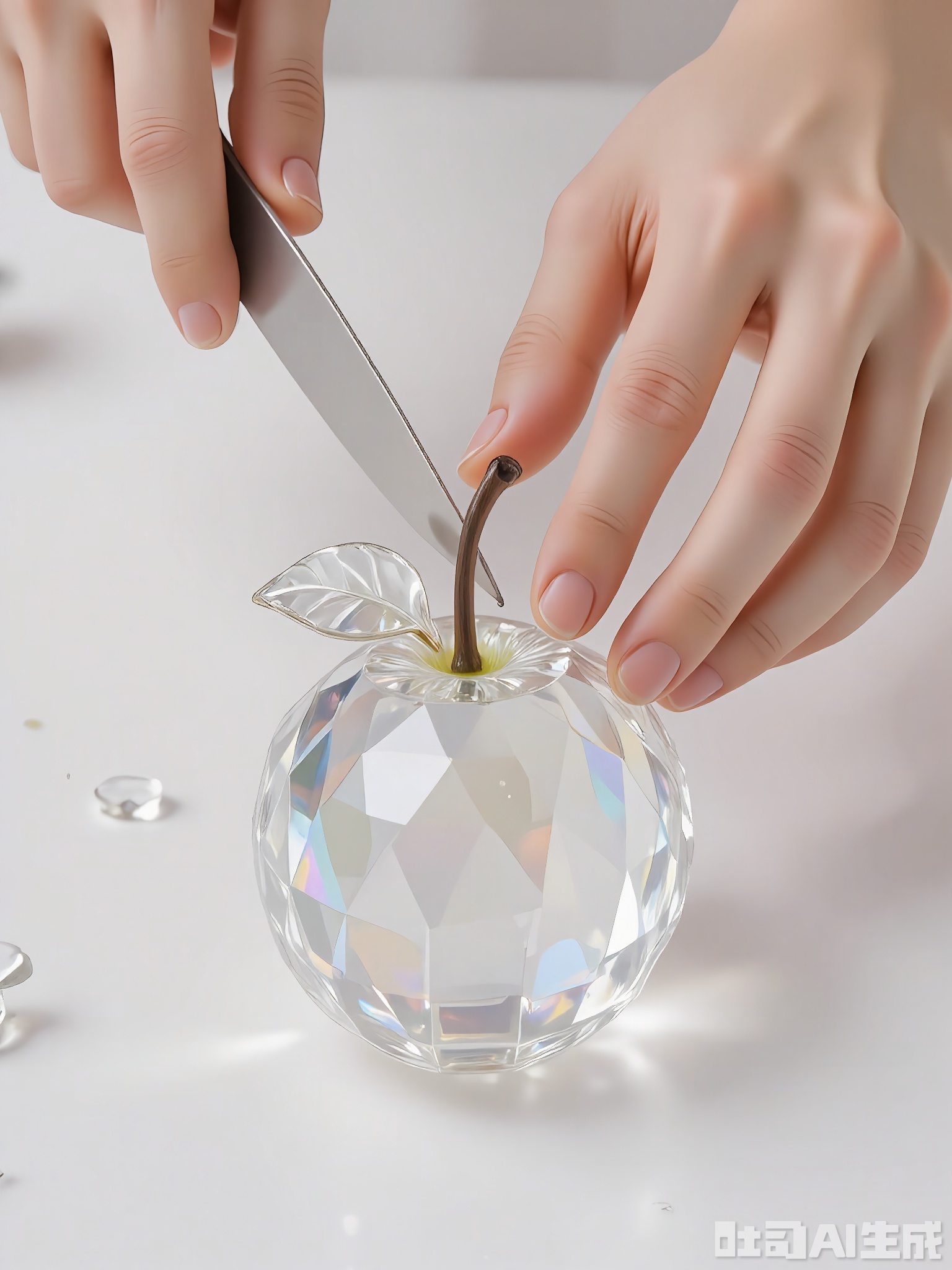 QSG, A photograph of a pair of hands delicately peeling a large, faceted crystal pear with a small, sharp knife. The crystal pear's surface shimmers, creating a delicate, ethereal quality. The hands are gentle, with neat nails. The backdrop is a plain, white surface. The emphasis is on the crystal pear and the hands, with a soft blur in the background. The image has a dreamy, romantic feel.

