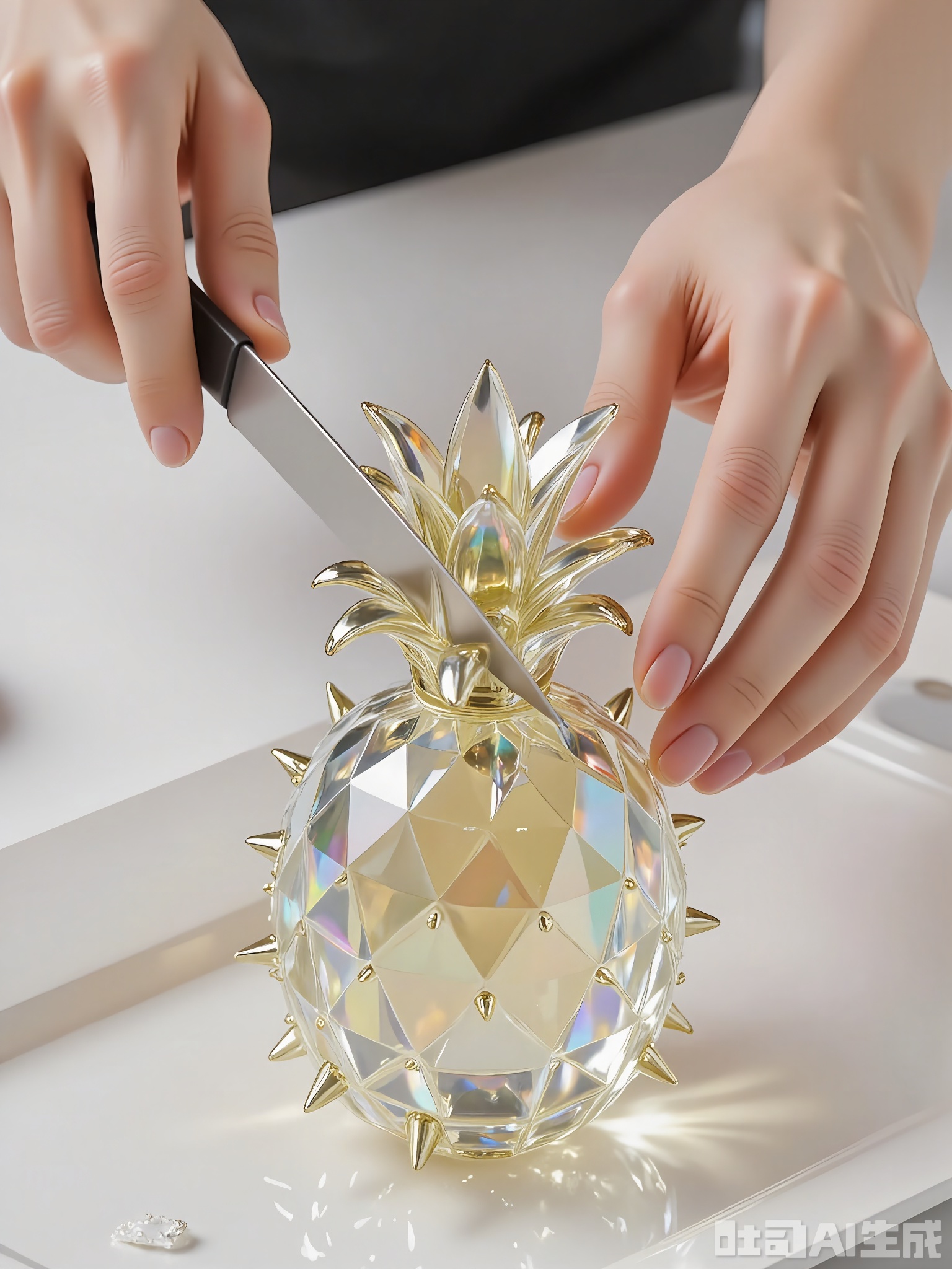 QSG, A photograph of a pair of hands carefully carving a large, faceted crystal pineapple with a special knife. The crystal pineapple's spikes glint like metal, adding to its dramatic appearance. The hands are strong, with neat nails. The background is a clean, white tray. The focus is on the crystal pineapple and the hands, with a shallow depth of field creating a soft blur in the background. The image has a bold, tropical vibe.
