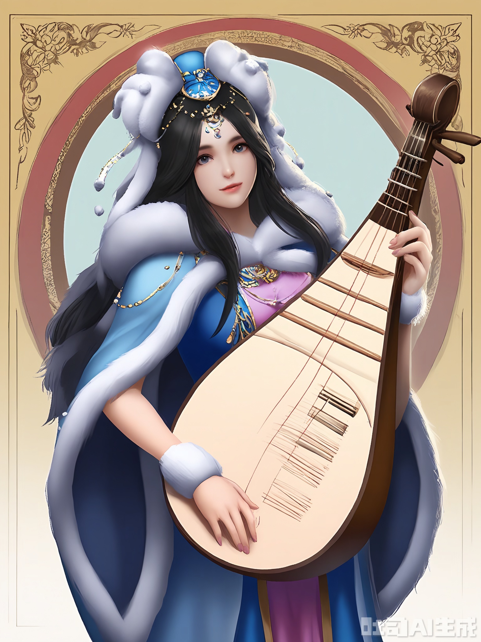 GFRW, A digital illustration of a woman playing a guqin, an ancient Chinese zither. She has long, flowing black hair adorned with a blue and gold headdress, and wears a luxurious, blue and gold robe with a fur-trimmed cape. Her expression is serene and focused as she plays the instrument. The background is white, and the image has a soft, ethereal quality.
