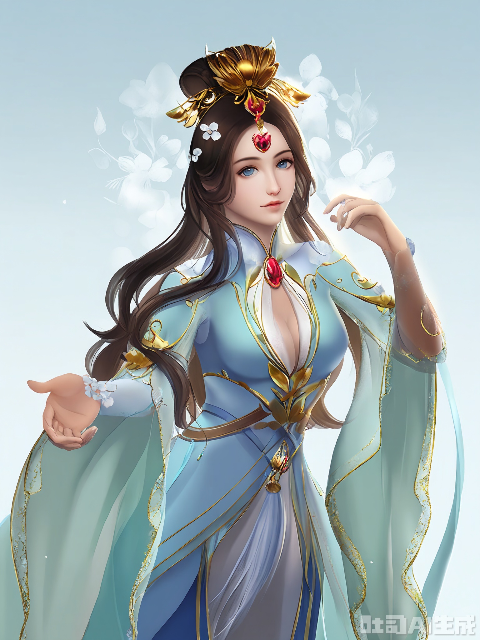 GFRW, A digital illustration of a young woman with long, flowing brown hair styled in an elegant updo, adorned with a golden crown and white flowers. She wears a luxurious, intricate blue and white gown with gold accents, featuring a high collar, long sleeves, and a deep neckline that reveals her cleavage. The dress is embellished with delicate, floral patterns and a large red gemstone at the waist. She stands confidently, one hand resting on her hip and the other outstretched, gesturing gracefully. The background is plain white, emphasizing the character. The art style is detailed and realistic, with a fantasy aesthetic.
