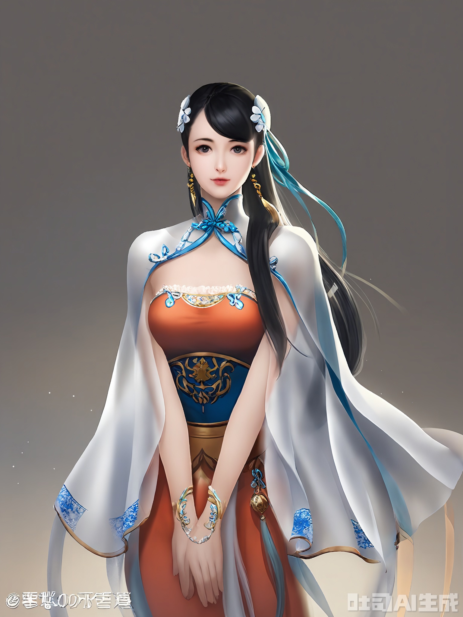 GFRW, A detailed digital illustration of a beautiful woman with long, flowing black hair adorned with white flowers, wearing a traditional blue qipao dress with gold accents and a sheer white cape. She has a serene expression and is holding her hands together in front of her. The background is plain white, emphasizing the character. The style is highly detailed and realistic, with a focus on the intricate clothing design and delicate features. The image has a soft, ethereal quality, with a watermark in the bottom right corner.

