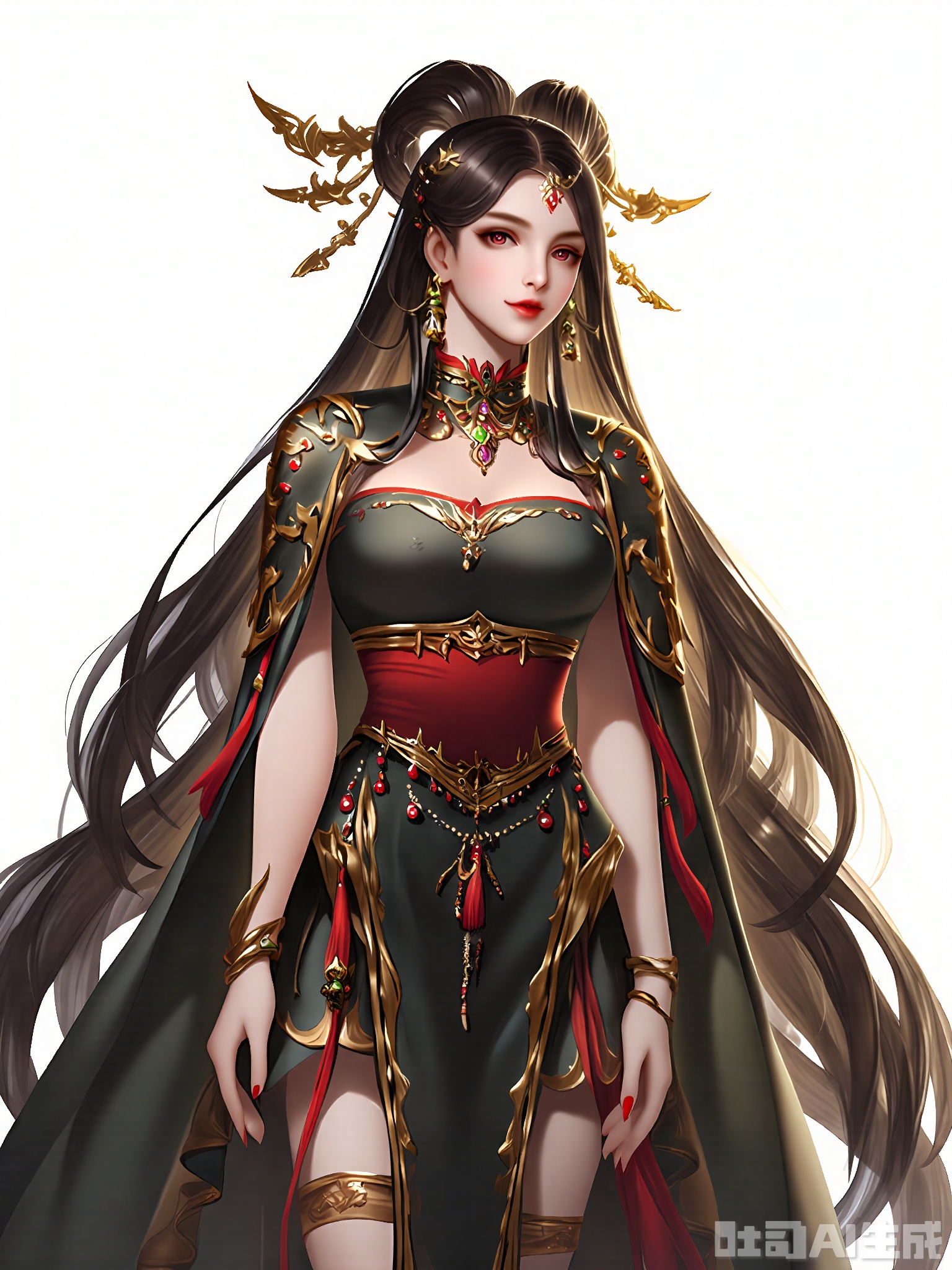 GFRW, A digital illustration of a beautiful woman with long, wavy dark hair, styled in an elaborate updo with gold and red ornaments. She wears a luxurious, dark green and gold dress with intricate patterns and a high collar. The dress features red accents and gold embellishments. She has a regal, confident expression, with red lips and a subtle, elegant smile. Her hands are gracefully positioned, one resting on her waist, the other on her thigh. The background is plain white, emphasizing her and her attire. The style is detailed and realistic, with a fantasy aesthetic.
