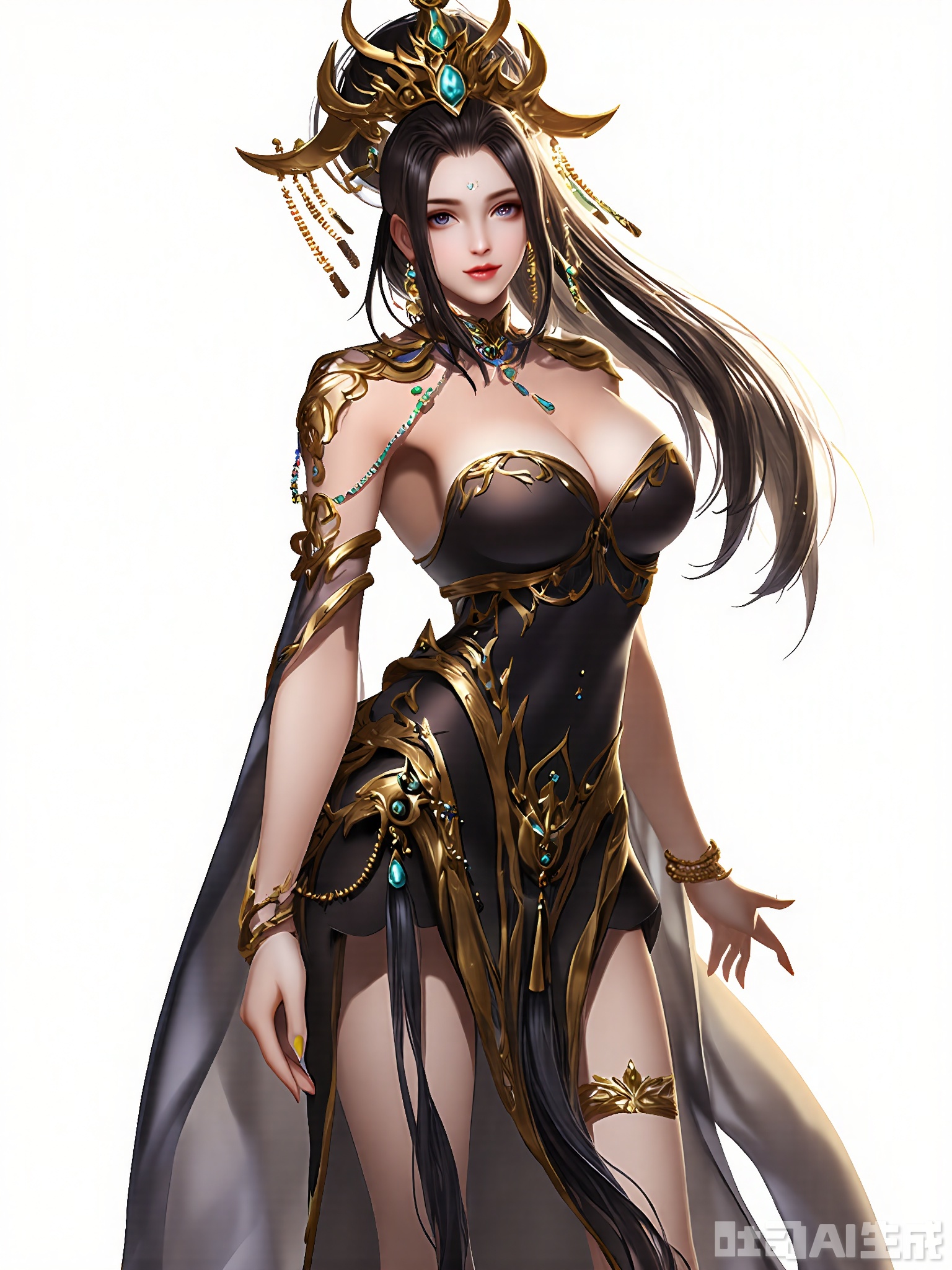 GFRW, Anime-style digital illustration of a young woman with long, flowing dark hair, styled in a high ponytail with a golden crown-like accessory. She has large, expressive eyes and a confident expression. She is wearing a revealing, form-fitting black dress with gold accents and a high slit, adorned with intricate patterns and a large, ornate jewel at the waist. The dress has a sheer, silky texture with a flowing, elegant skirt. She has a slender, curvy physique. The background is plain white, emphasizing the character. The artwork is highly detailed and polished, with a focus on luxurious, fantasy-inspired fashion.