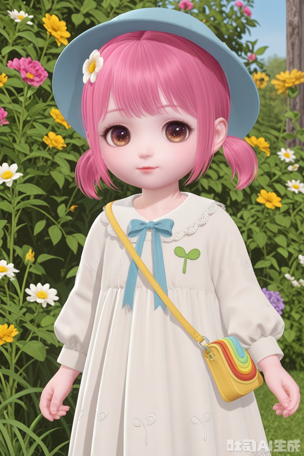 1girl, solo, looking at viewer, short hair, hair ornament, hat, dress, twintails, brown eyes, pink hair, flower, hair flower, white dress, short twintails, child