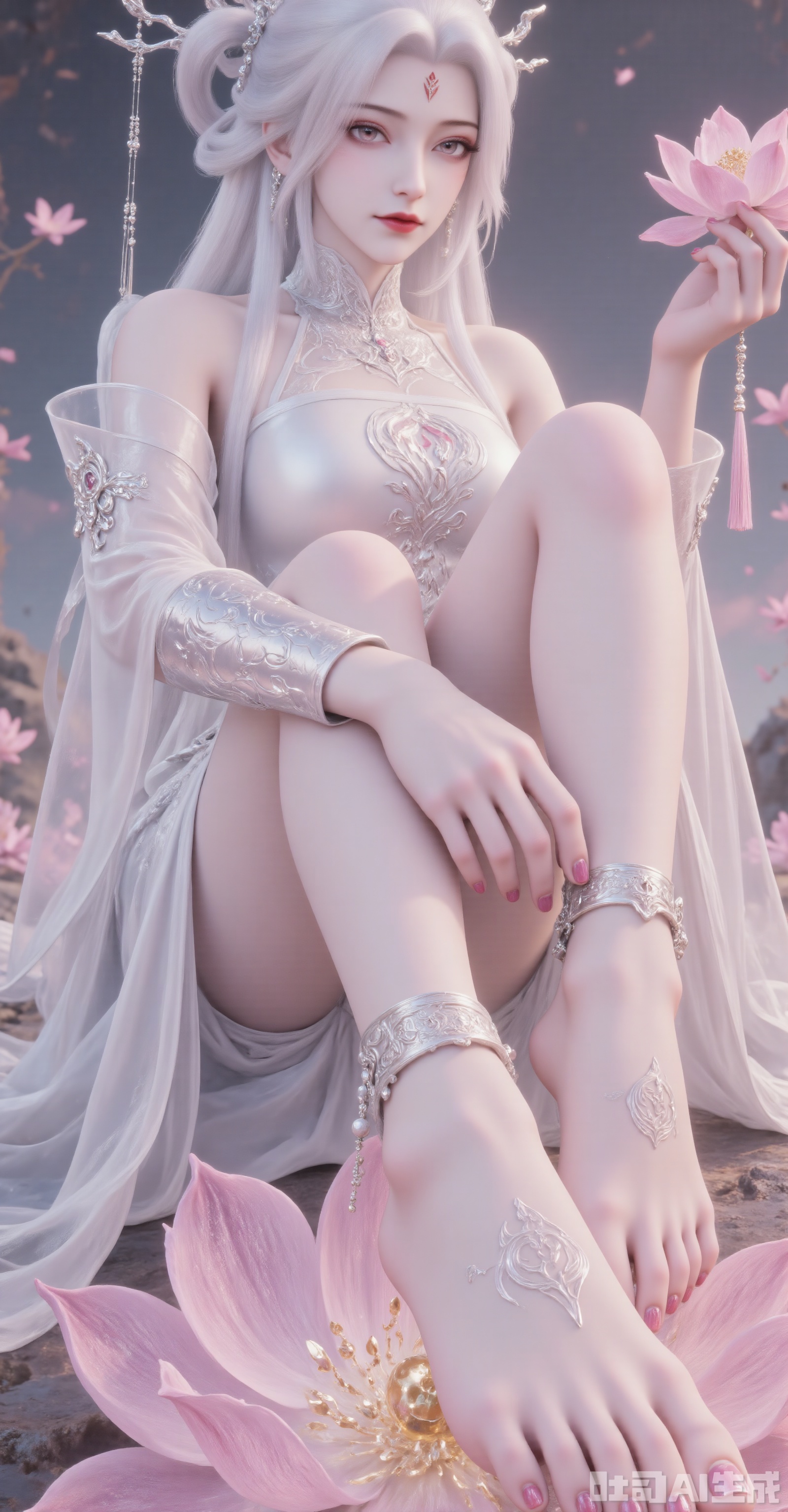 A digital artwork depicts a slim, fair-skinned woman with long white hair and tied into a ponytail. Her skirt has delicate lace details and a deep V-neck. Her left arm was wearing a huge and gorgeous handguard. She held a pink lotus in her right hand. She sat barefoot on a pink lotus, lifting one foot to reveal the soles of her feet, and there were accessories on her feet.