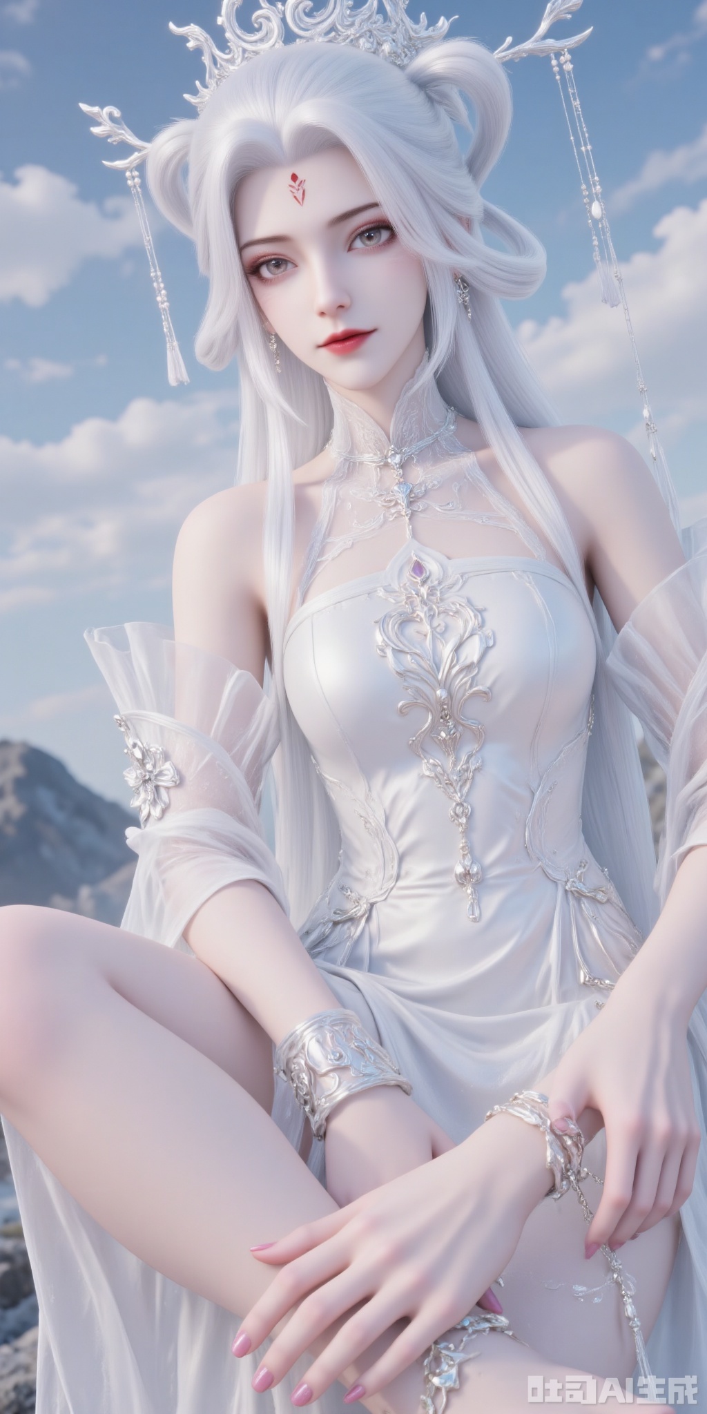 Captured at eye-level
a 3D rendering of a woman with long white hair and a crown on her head. She is wearing a white strapless dress adorned with a silver necklace and a white bracelet around her neck. Her left arm is draped in a white glove with a white flower on it. The backdrop is a backdrop of mountains and a clear blue sky filled with white clouds.