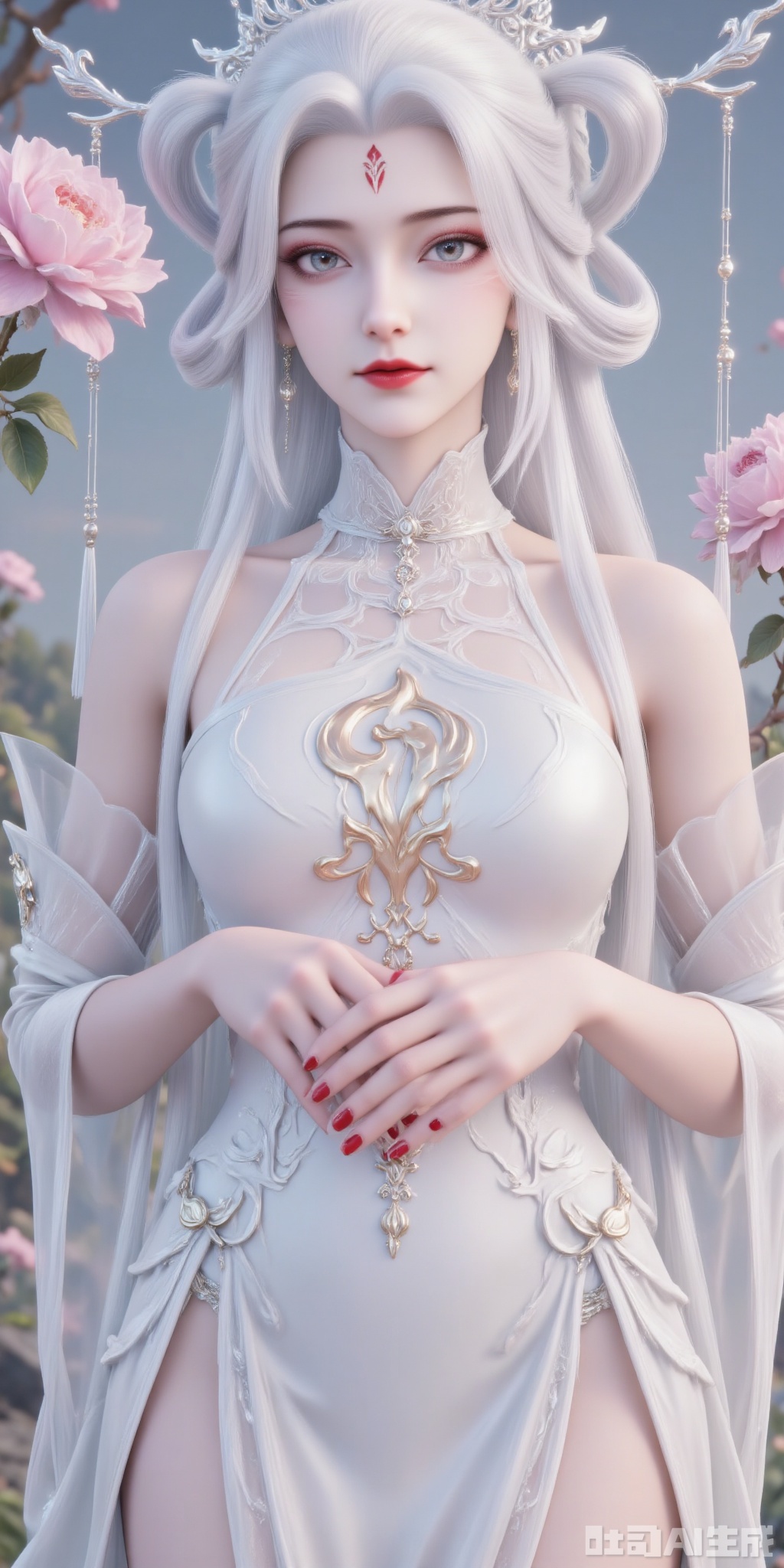a 3D rendering of a woman with long
wavy blonde hair and blue eyes is adorned with a red star on her forehead. She is wearing a white strapless dress adorned with gold embroidery and a white choker around her neck. Her dress is adorned in a flowing pattern of gold and white feathers. Her hands are adorned with red nail polish
adding a touch of contrast to her outfit. To the left of the image
a pink rose is hanging from a branch. The background is blurred
suggesting a natural setting.
