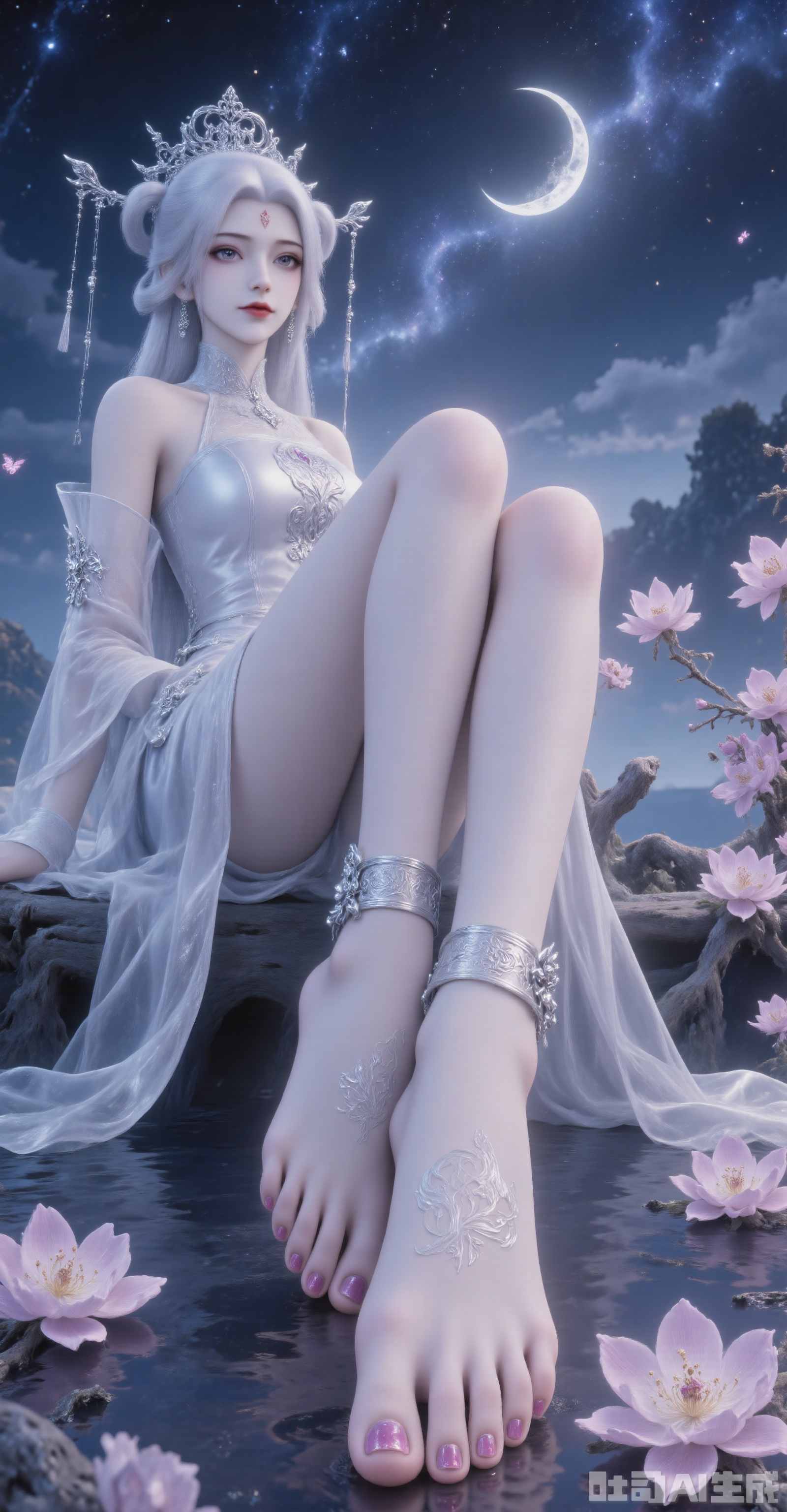 Ultra HD, wallpaper, 8K, masterpiece, masterpiece, best quality, high quality, color, hair accessories, super long legs, high heel sandals, earrings, white hair, single girl, single person, eyes, hair accessories, dress, sitting, full body, flowers, sky, water, dress, high heels, tree, bare legs, night, moon, bug, butterfly, night sky, black hair, Tutu Aurora 8D pantyhose, barefoot, barefoot, close-up,