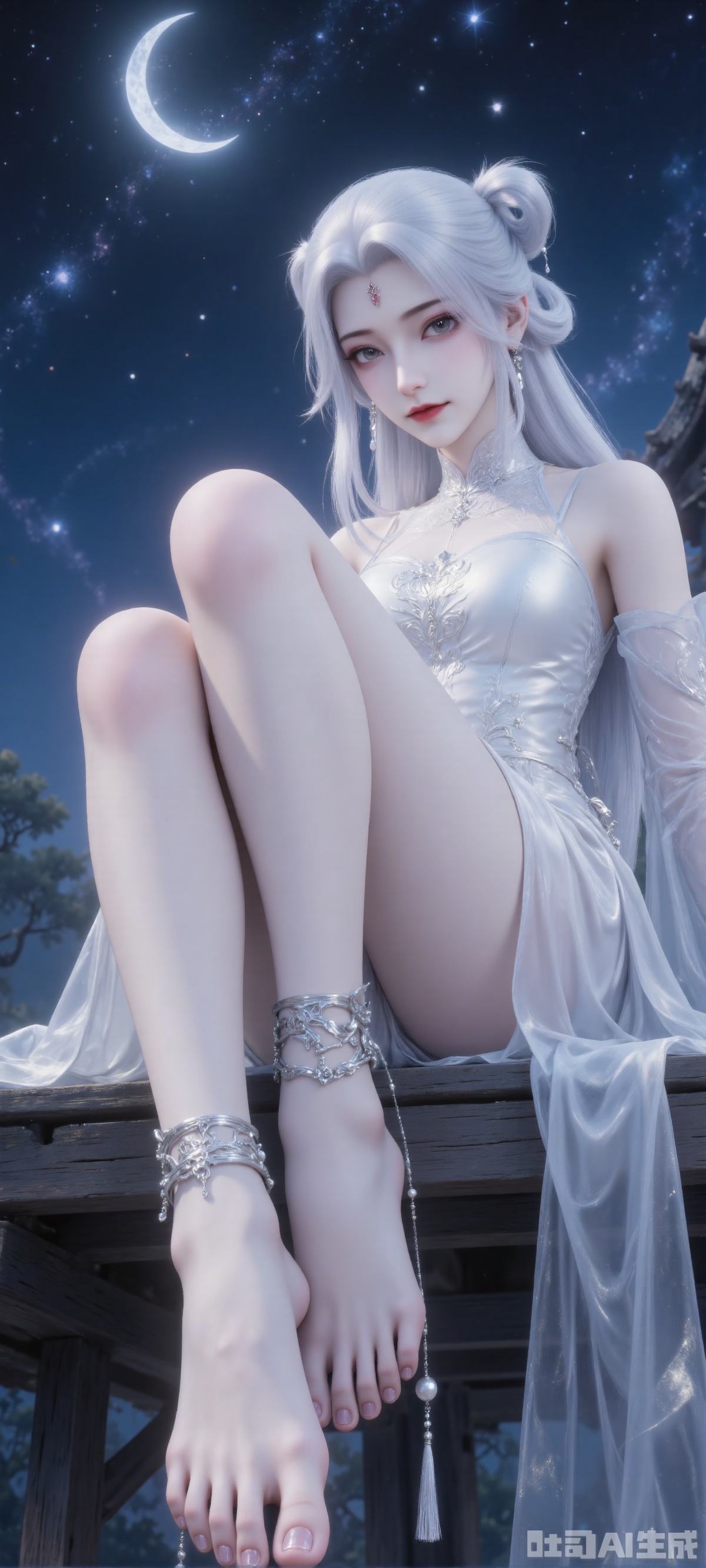 In the photo, a young woman sits on a wooden platform with her legs crossed. She was wearing a white low-neck long-sleeved dress. Her white hair was half upward and half downward. She wore a pair of silver bracelets on her wrist and a tassel hanging on one toe. The background is a night sky full of stars and crescent moon. The overall atmosphere of the picture is mysterious and dreamy.