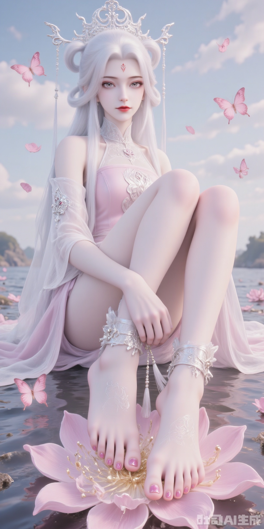 Girl, solo, long hair, white hair, dress, sitting, full body, flower, sky, water, barefoot lift, petals, bare legs, pink dress, white dress