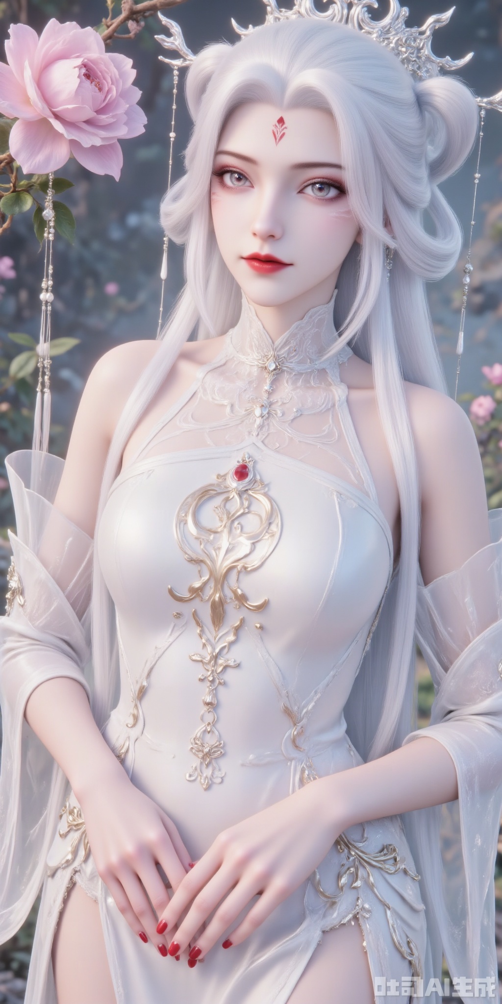 a 3D rendering of a woman with long
wavy blonde hair and blue eyes is adorned with a red star on her forehead. She is wearing a white strapless dress adorned with gold embroidery and a white choker around her neck. Her dress is adorned in a flowing pattern of gold and white feathers. Her hands are adorned with red nail polish
adding a touch of contrast to her outfit. To the left of the image
a pink rose is hanging from a branch. The background is blurred
suggesting a natural setting.
