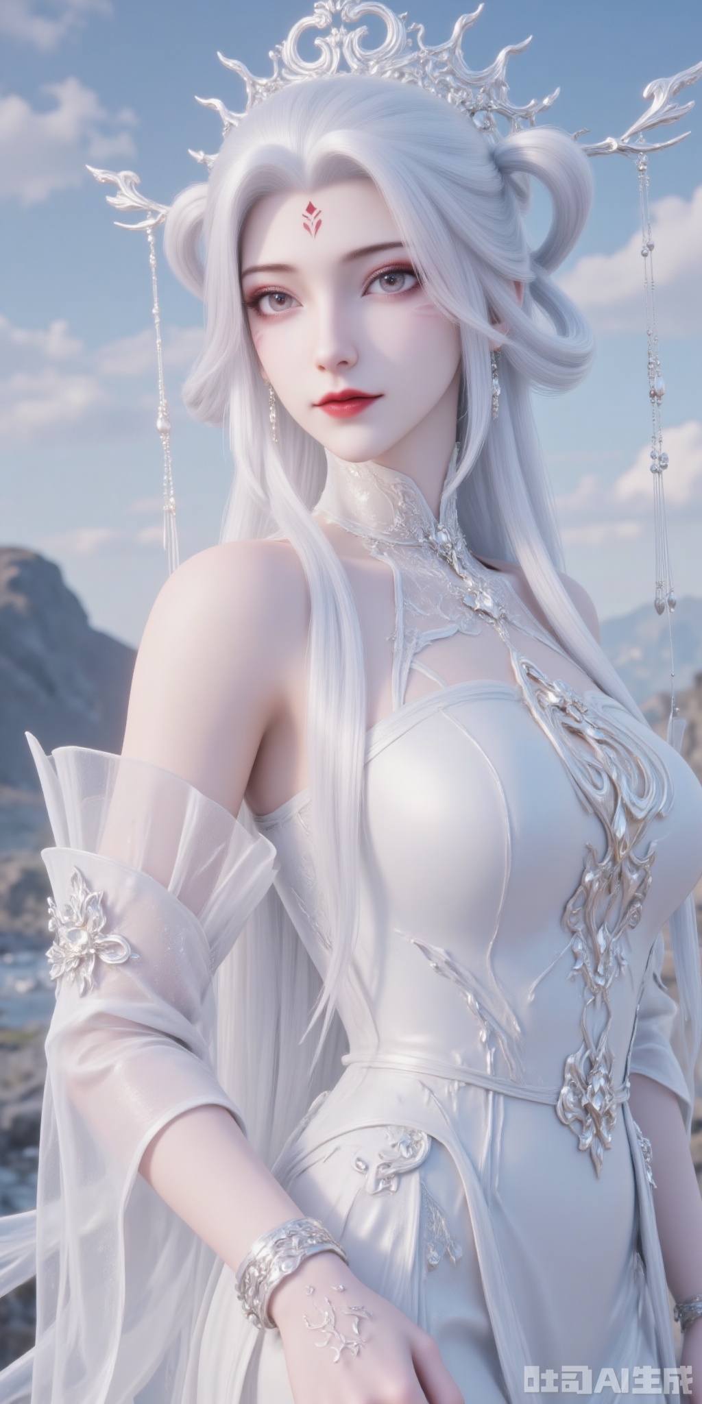 Captured at eye-level
a 3D rendering of a woman with long white hair and a crown on her head. She is wearing a white strapless dress adorned with a silver necklace and a white bracelet around her neck. Her left arm is draped in a white glove with a white flower on it. The backdrop is a backdrop of mountains and a clear blue sky filled with white clouds.