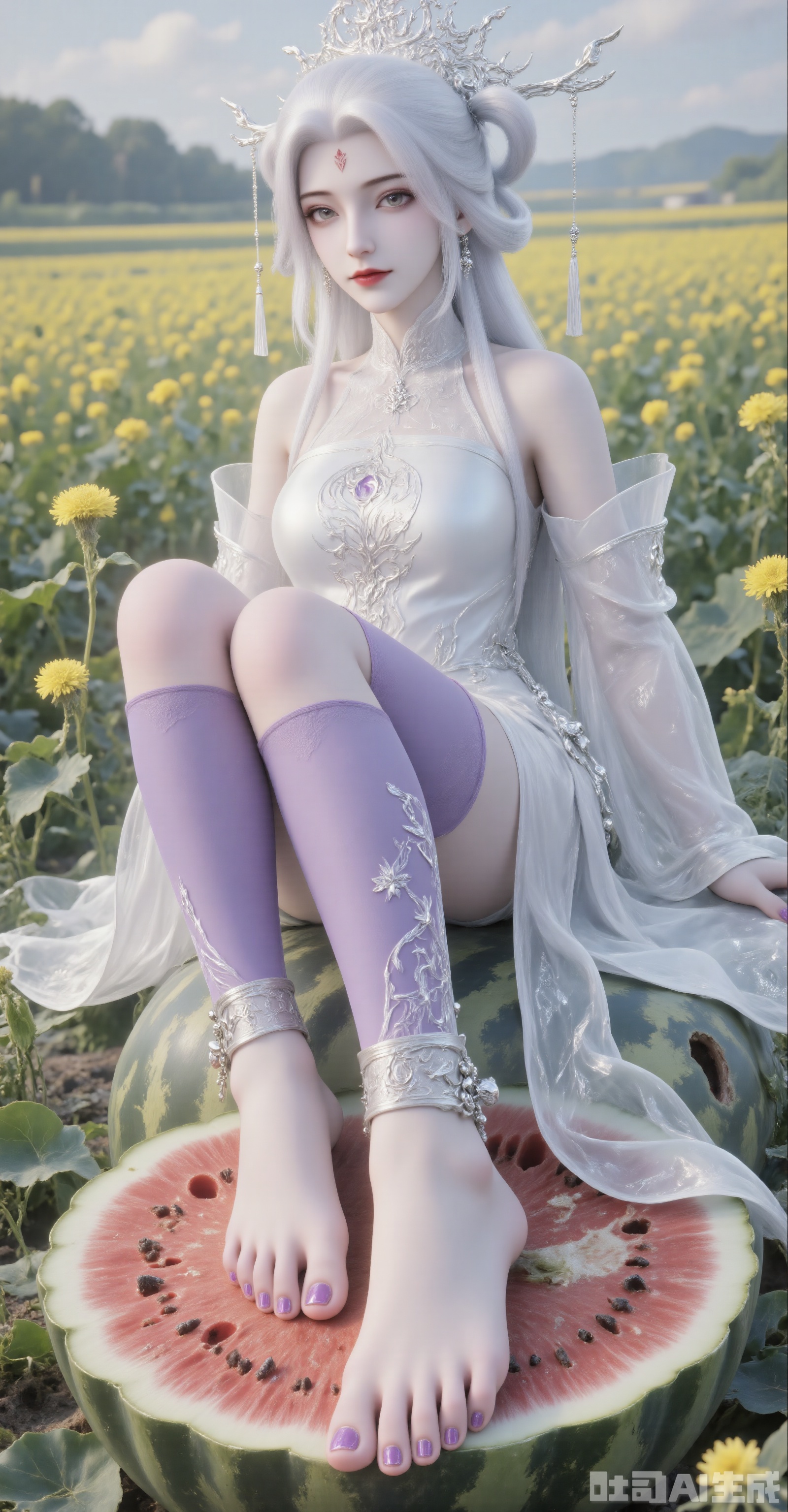 A white-haired woman sat on a big watermelon. She wore a beautiful headdress, a white ancient-style dress covered with stars, purple stockings, and silver ankles at her ankles, as well as bells and tassels. Her toenails were painted purple. The background is a rapeseed field, full of dreamy ancient atmosphere. One of her feet was raised, with the soles of her feet exposed.
