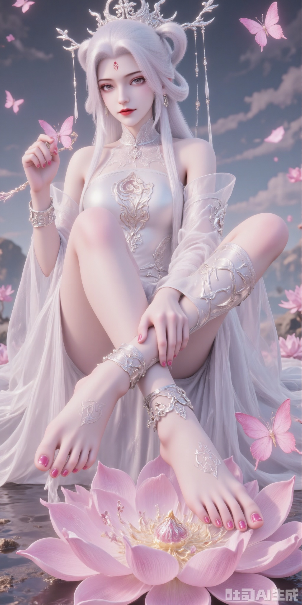 A digital artwork depicts a slim, fair-skinned woman with long white hair and tied into a ponytail. Her skirt has delicate lace details and a deep V-neck. Her left arm was wearing a huge and gorgeous handguard. She held a pink lotus in her right hand. She sat barefoot on a pink lotus, lifting one foot to reveal the soles of her feet, and there were accessories on her feet.