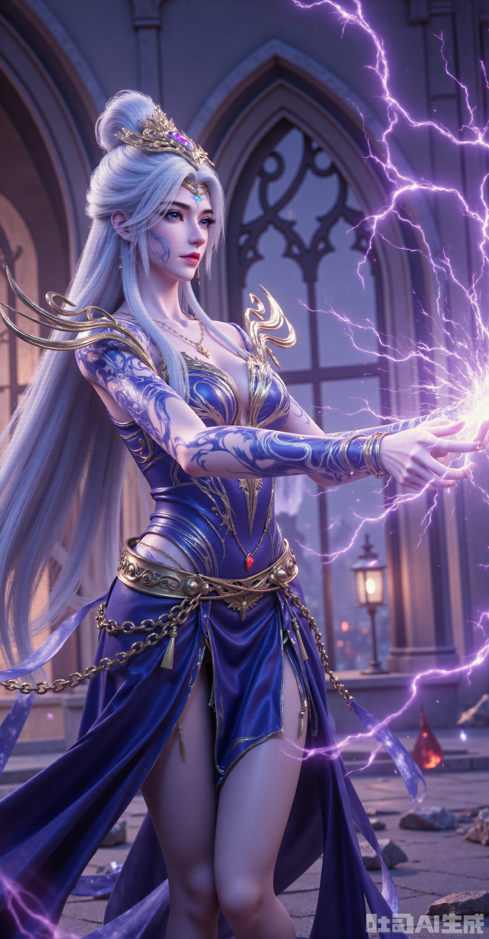 "Silver-haired archmage in midnight combat, wearing fractured gold diadem with violet gems, glowing crimson sigil on forehead. Left arm covered in pulsating blue arcane tattoos, right hand unleashing corkscrew purple energy beam with lightning forks. Tattered indigo robe with gilded embroidery, shattered wing pauldrons, rune-chained waist. Collapsing gothic arches in background, debris floating in violet storm, cinematic cold lighting. 8K hyper-realistic, material contrast: oxidized metal/plasma glow/torn silk"
