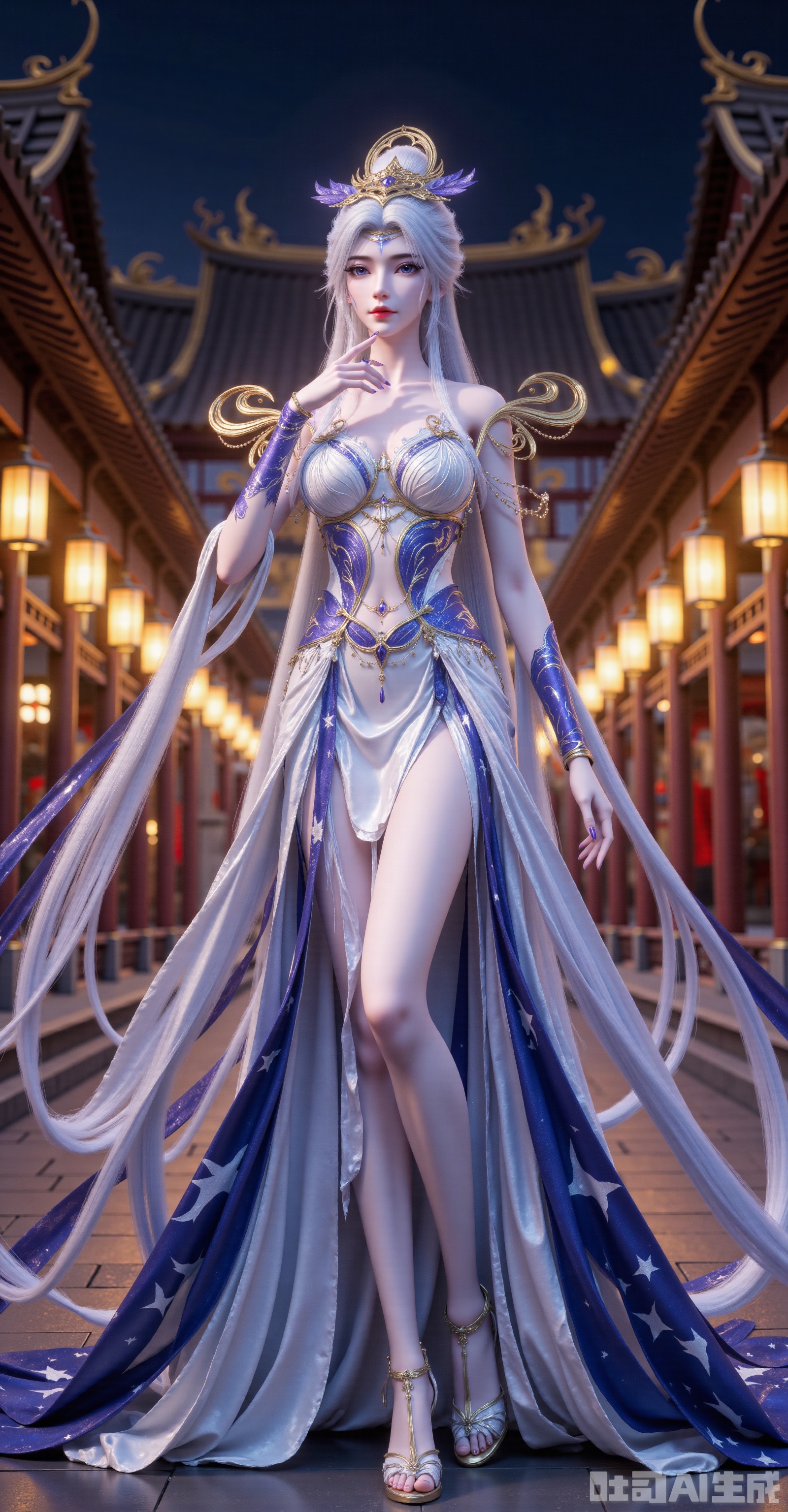 An elegant and noble silver-haired woman wears a华丽的(gorgeous) blue-and-white gown with golden embroidery and purple cuffs. Mysterious purple markings adorn her face, paired with an intricate golden headpiece and curved shoulder armor. Her flowing skirt features blue trim and white star patterns. With one hand touching her lips and the other hanging vertically downward, she stands against a backdrop of traditional Chinese architecture at night, illuminated by warm yellow lanterns that create a mystical and refined atmosphere. The artwork boasts exquisite details, 8K resolution, Unreal Engine rendering, and cinematic lighting.