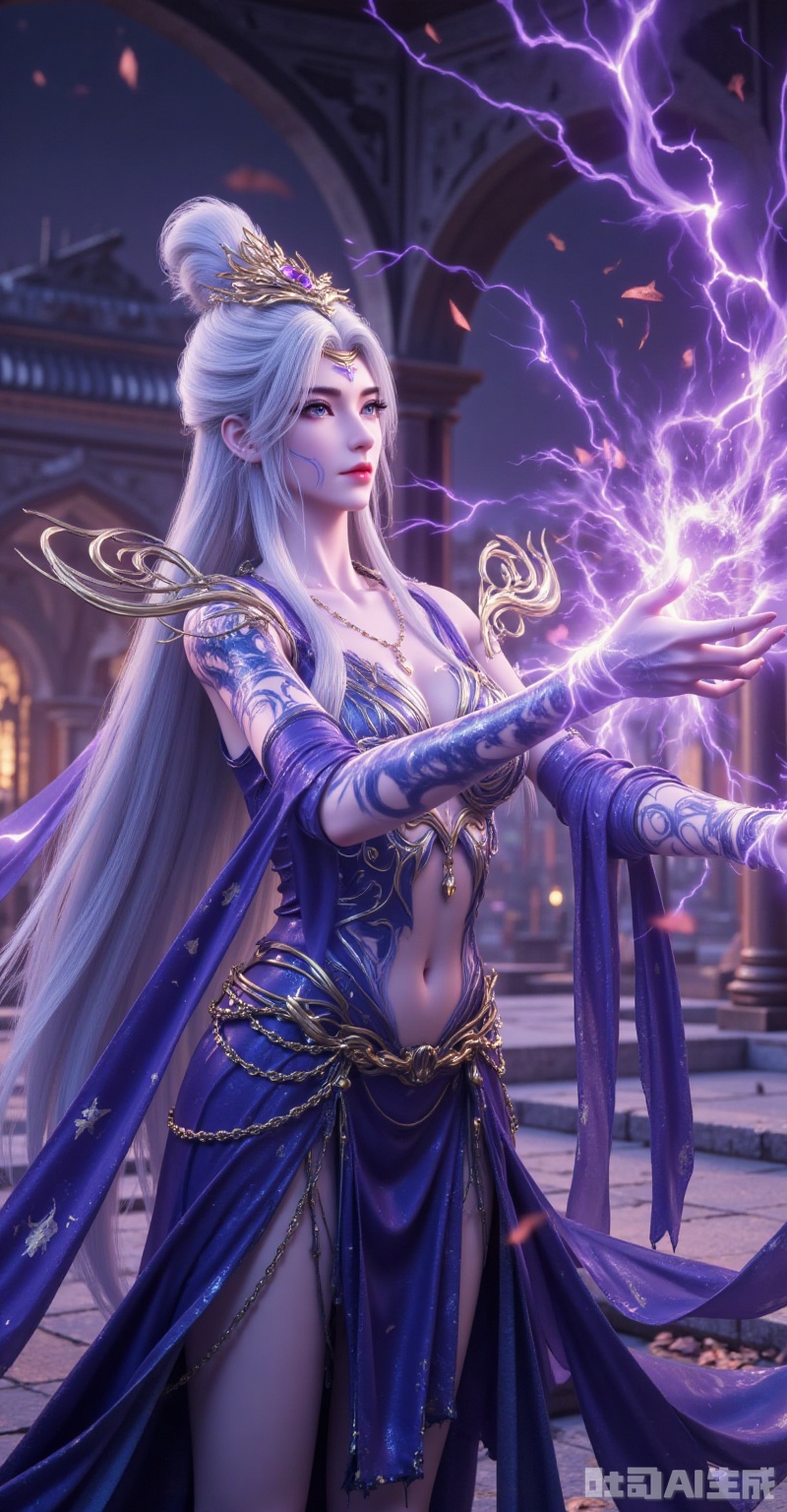 "Silver-haired archmage in midnight combat, wearing fractured gold diadem with violet gems, glowing crimson sigil on forehead. Left arm covered in pulsating blue arcane tattoos, right hand unleashing corkscrew purple energy beam with lightning forks. Tattered indigo robe with gilded embroidery, shattered wing pauldrons, rune-chained waist. Collapsing gothic arches in background, debris floating in violet storm, cinematic cold lighting. 8K hyper-realistic, material contrast: oxidized metal/plasma glow/torn silk"