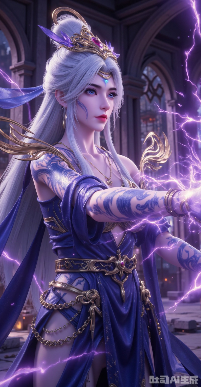 "Silver-haired archmage in midnight combat, wearing fractured gold diadem with violet gems, glowing crimson sigil on forehead. Left arm covered in pulsating blue arcane tattoos, right hand unleashing corkscrew purple energy beam with lightning forks. Tattered indigo robe with gilded embroidery, shattered wing pauldrons, rune-chained waist. Collapsing gothic arches in background, debris floating in violet storm, cinematic cold lighting. 8K hyper-realistic, material contrast: oxidized metal/plasma glow/torn silk"