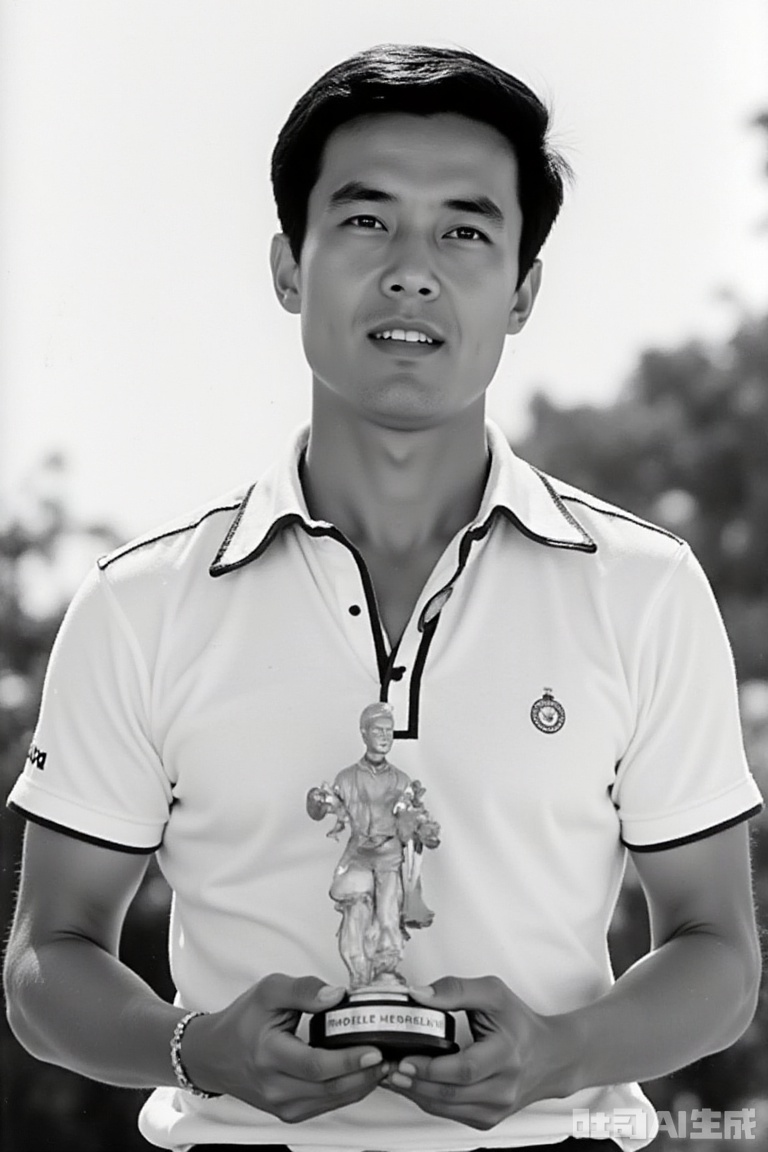 The picture shows a rich texture from the 1980s with black and white images. The man is a typical handsome guy at that time, with neat short hair, tough facial features, simple short sleeves with lapels and decorative lines, holding a unique trophy in both hands, the background is hazy and blurry, and the overall freezes the style of the times, showing a nostalgic atmosphere.