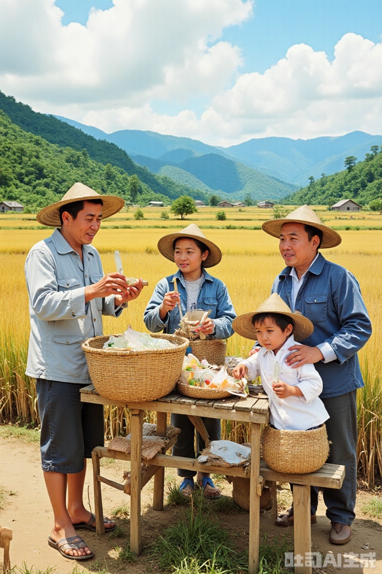 This is a picture showing the scene of the Chinese rural scene in the 1980s. The characters wear hats and simple clothes with the characteristics of the times, and trade in simple stalls in the fields. The background is a typical rural landscape, conveying the simplicity and fireworks of rural life in that era, without the physical information such as specific characters' names.