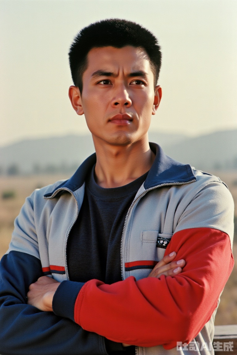 The photos exudes a strong atmosphere of the 1980s, and the colors and textures are all retro. The character has a tough face, wearing a classic color-blocking sports jacket, dark clothes inside, a neat buzz cut, a simple and hazy background, and a crossed arms to restore the unique style and character temperament of that era.