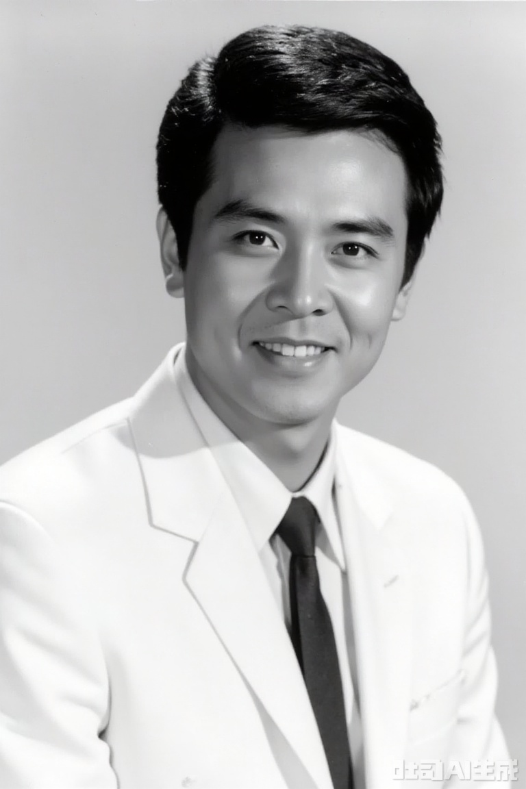 The photos are full of retro texture from the 1980s and have a strong black and white film. The character has neat hairstyle, wearing a white suit, shirt and tie, with a straight posture and a simple background, showing the elegant style of that era, and being handsome, perfectly interpreting the demeanor and charm of the 1980s.