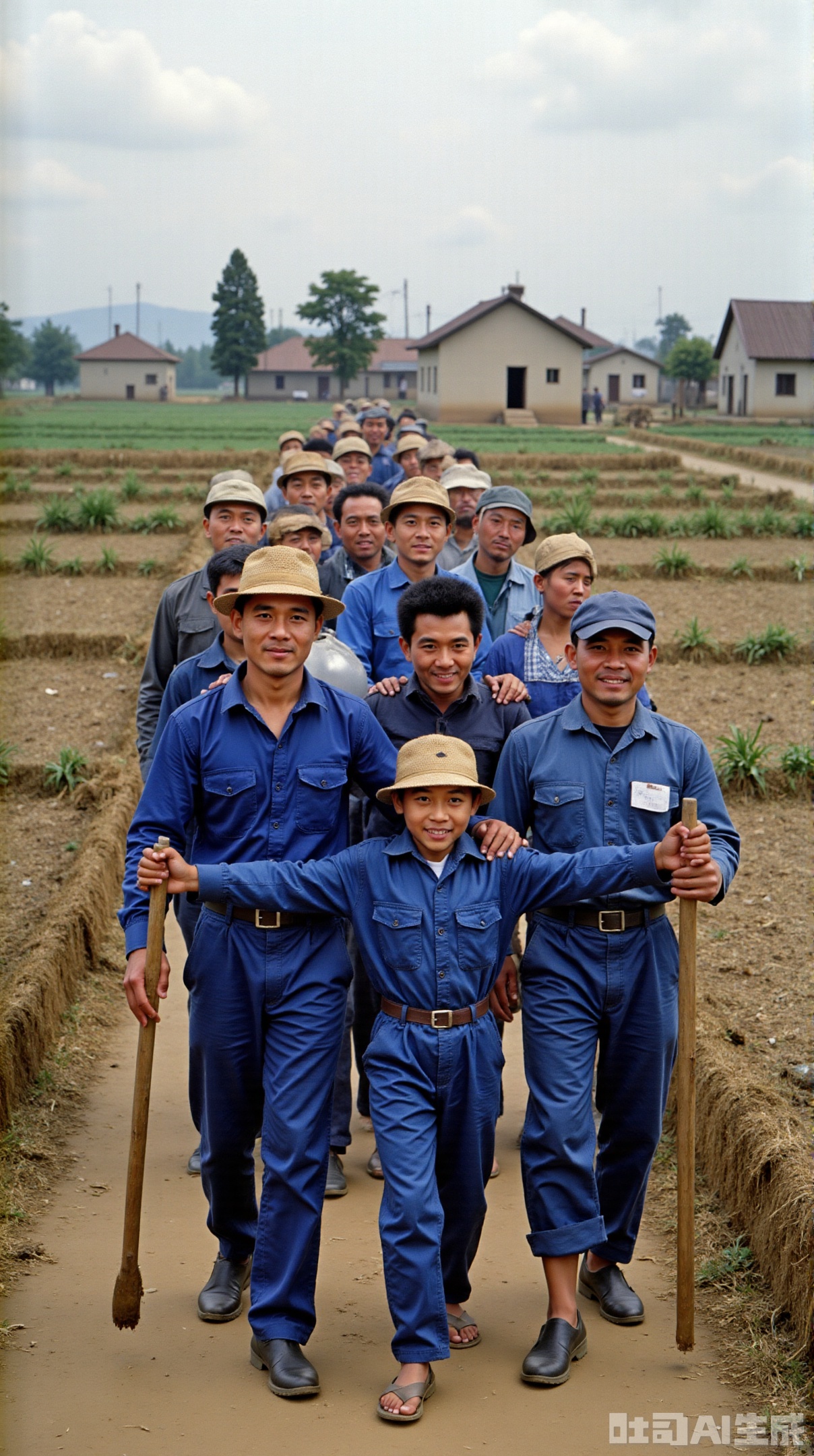 The photos are filled with retro texture from the 1980s, presenting a rural collective labor scene. The characters wear uniform blue work clothes and straw hats, and their hairstyles are simple. Some people carry water and some hold farm tools in the team. The background is local buildings and farmland, which fully demonstrates the simplicity and vitality of collective work in that era and restores the true style of time.
