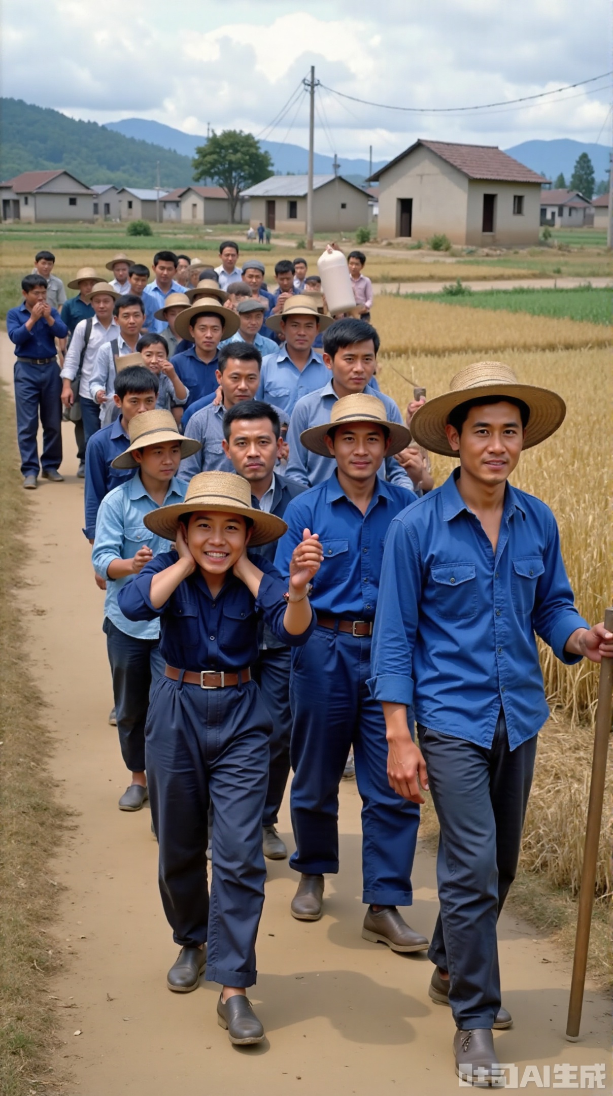 The photos are filled with retro texture from the 1980s, presenting a rural collective labor scene. The characters wear uniform blue work clothes and straw hats, and their hairstyles are simple. Some people carry water and some hold farm tools in the team. The background is local buildings and farmland, which fully demonstrates the simplicity and vitality of collective work in that era and restores the true style of time.