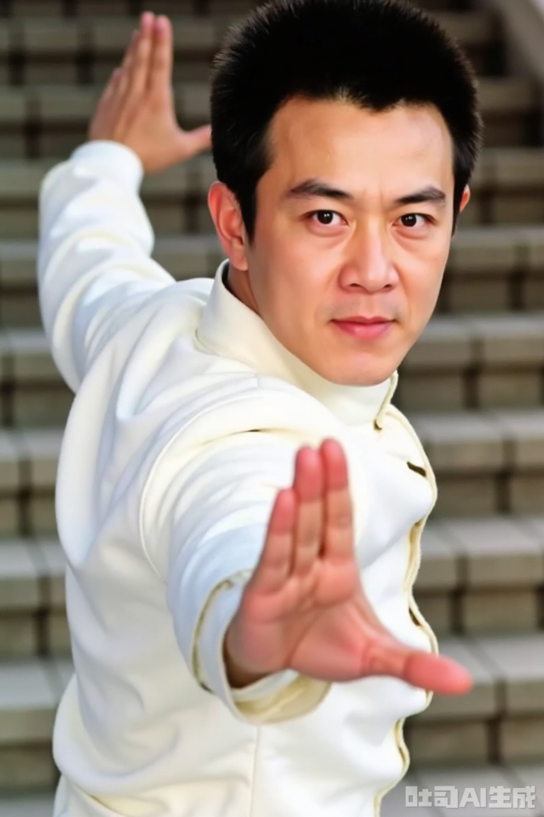 The photos are full of martial arts styles from the 1980s, and the colors and dynamics show vitality. The character is Jet Li, wearing a white training suit, with a short and energetic hairstyle, showing martial arts moves and postures. The background is a blurred venue environment, restoring the coolness and strength of martial arts performances of that era.