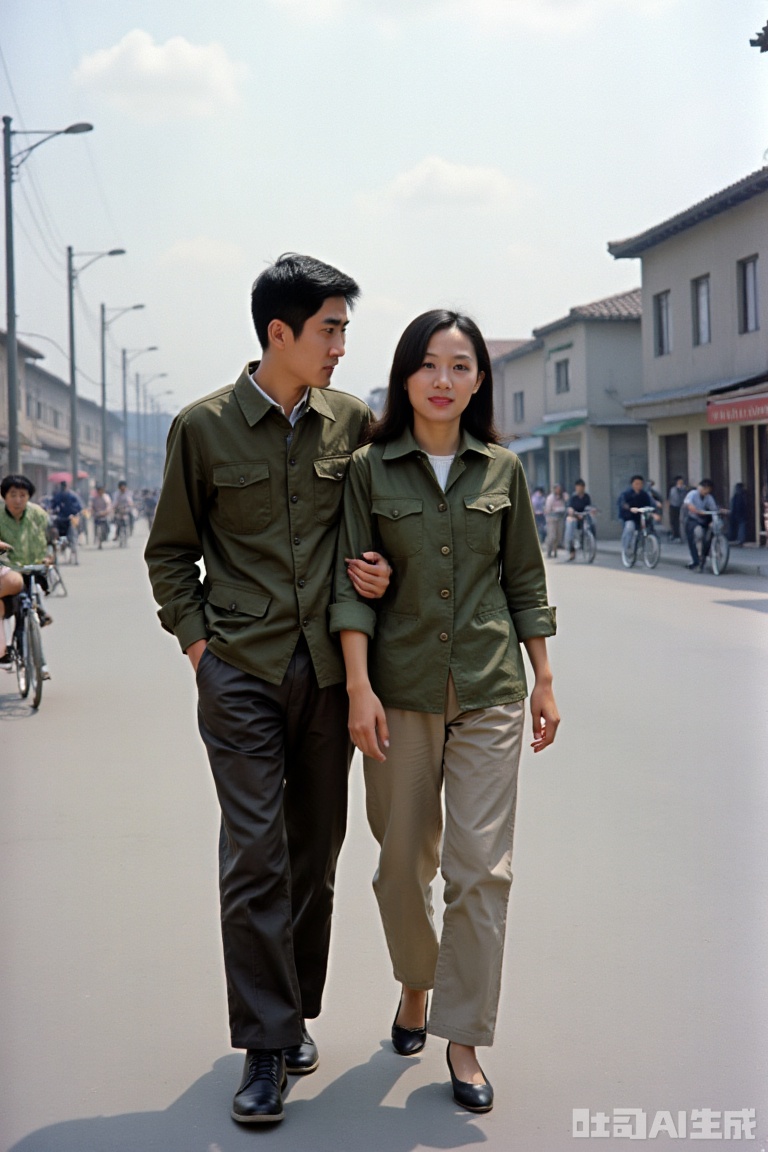 The photos are full of retro texture from the 1980s. The characters wear classic Zhongshan outfits and military green tops, with neat hairstyles, and bicycles and old-fashioned buildings on the street background. The two of them are intimately walking together, showing the youthful atmosphere and life fireworks of that era, restoring the real street scene of the 1980s.