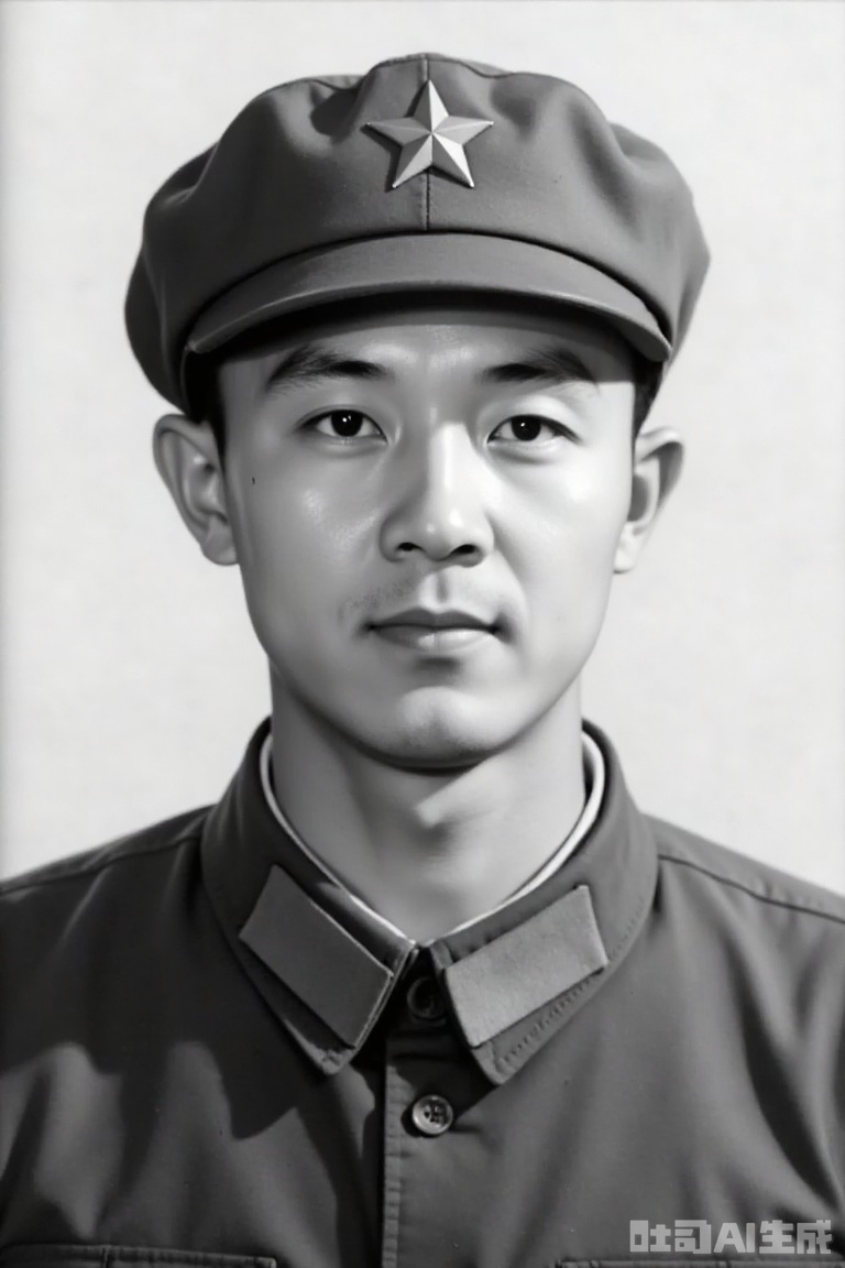 The photos are filled with military nostalgia in the 1980s, and the black and white images and film grains show heavyness. The character is wearing a classic military uniform and a red star military cap, with a firm face, a simple and clean background, and a solemn front posture, restoring the cool style and family and country feelings of the soldiers of that era.
