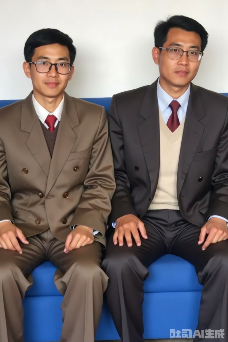 The photos are full of retro texture from the 1980s, showing the style of ordinary Chinese people. The characters wore double-breasted suits, sweaters, shirts and tie, glasses, neat hairstyles, sat upright on the blue sofa, and the background was simple, showing the dress style and lifestyle of ordinary people in that era.,Old photos