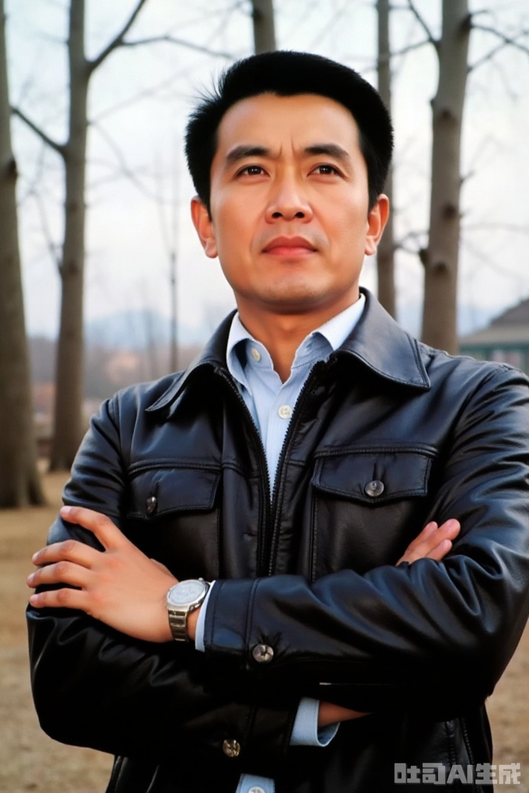 The photos are full of retro texture from the 1980s. The character is actor Wang Yongge, with neat short hair, wearing a classic leather jacket with inner wear, crossed arms, and the background is trees and outdoor scenes, showing the unique style and tough temperament of film and television people of that era.,Old photos