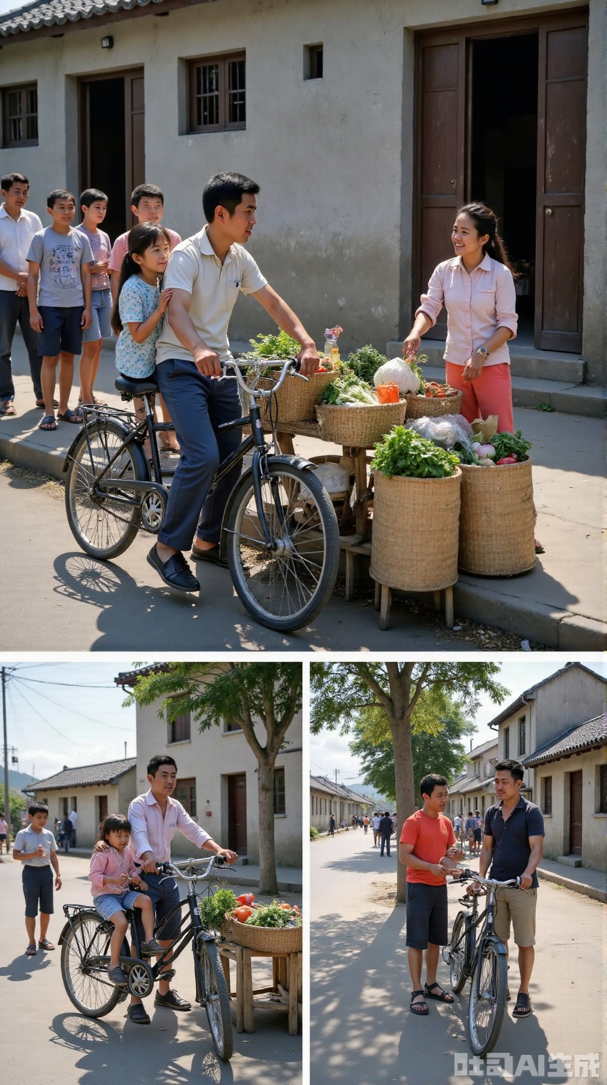 The photos are filled with retro texture from the 1980s, presenting the daily life of Chinese street people. The father rode his bicycle and his daughter, and interacted with the vegetable sellers in front of the vegetable stall next to the old-fashioned building. People were wearing simple clothes and other pedestrians in the background, showing the fireworks and innocent and warmth of life in that era.