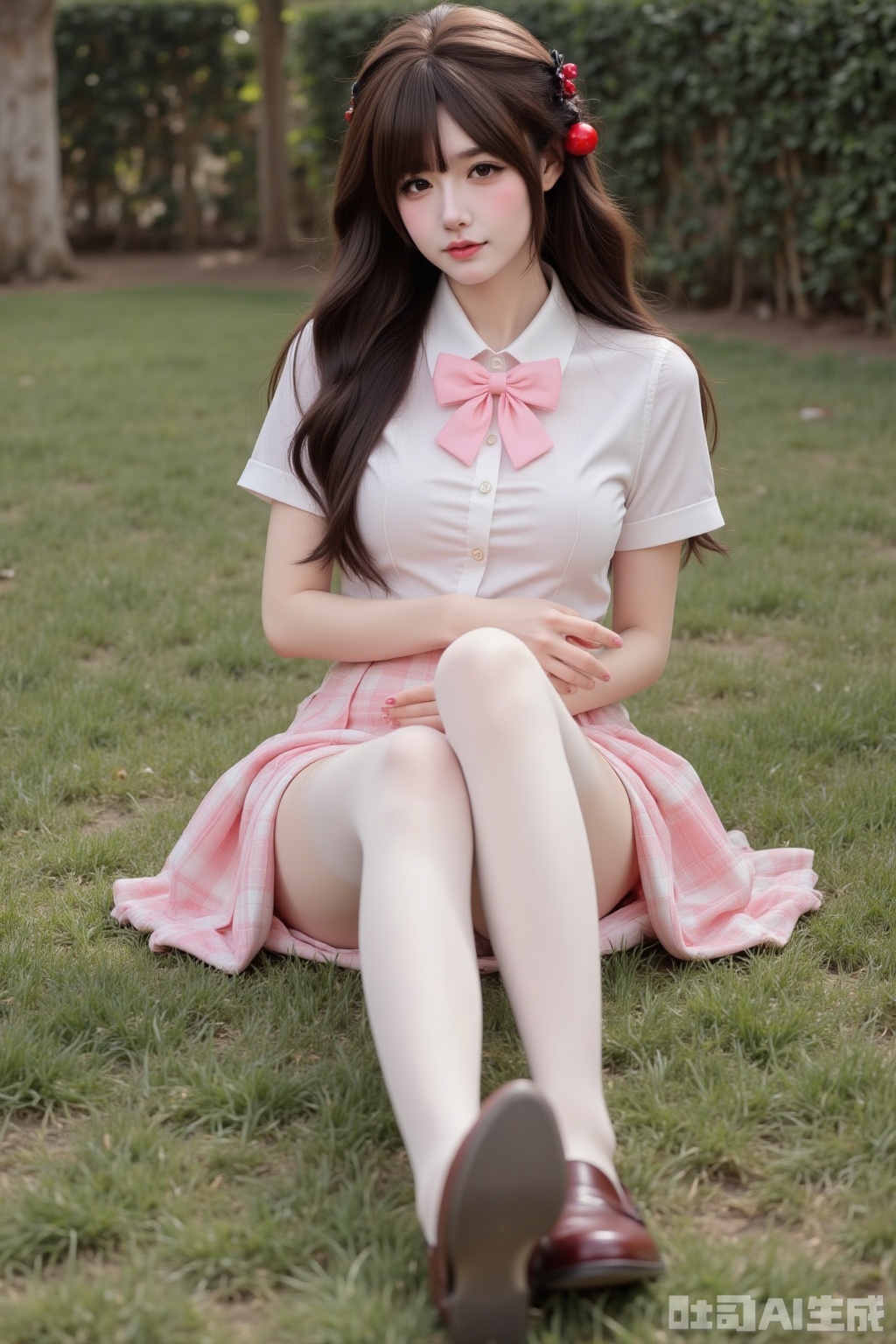 A young woman with long, poised mid-descent. She wears a crisp white short-sleeved shirt accentuated by a prominent pink bow at the collar,while her large breasts fill the white fabric. Below, a pleated skirt in pink-white tartan, seamlessly meeting opaque white pantyhose that envelop her legs entirely. Her feet are clad in brown loafers. Her hair is styled with a red cherry hair accessory on one side.she is sitting on lawn with her legs stretch