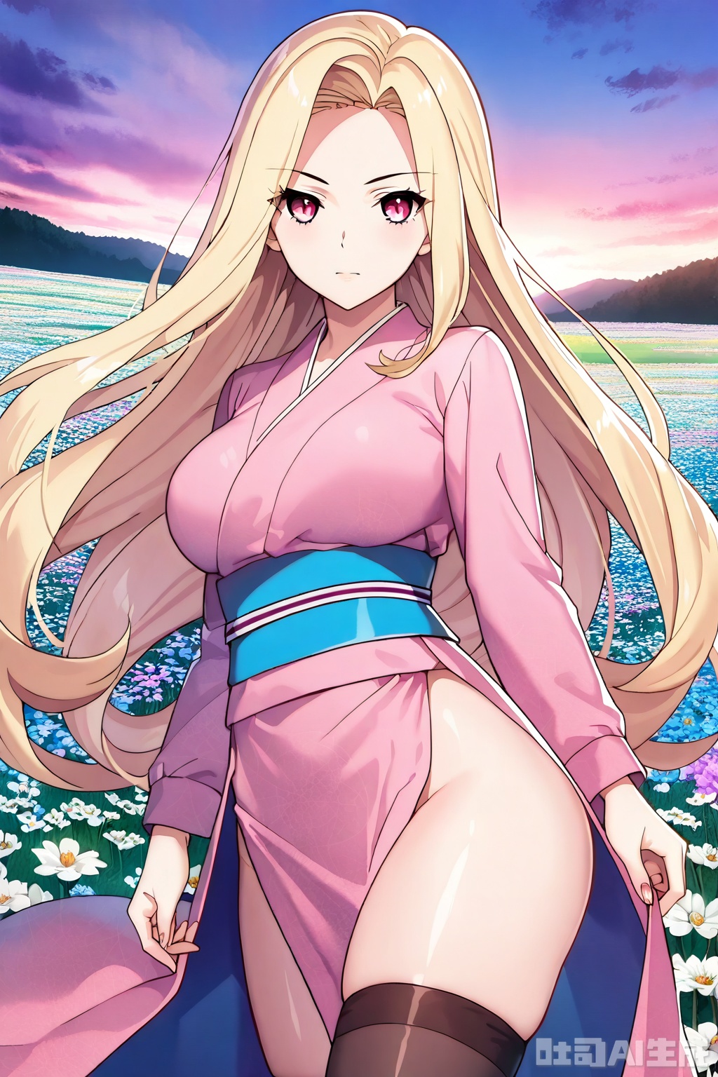 1girl, solo, long hair, breasts, looking at viewer,blonde hair, long sleeves, closed mouth, thighs,  japanese clothes, pink eyes, kimono, sash,  pink kimono,masterpiece,best quality,official art,extremely detailed CG unity 8k wallpaper,


Thigh exposed,thighhighs,looking at viewer,flower field,flower field,