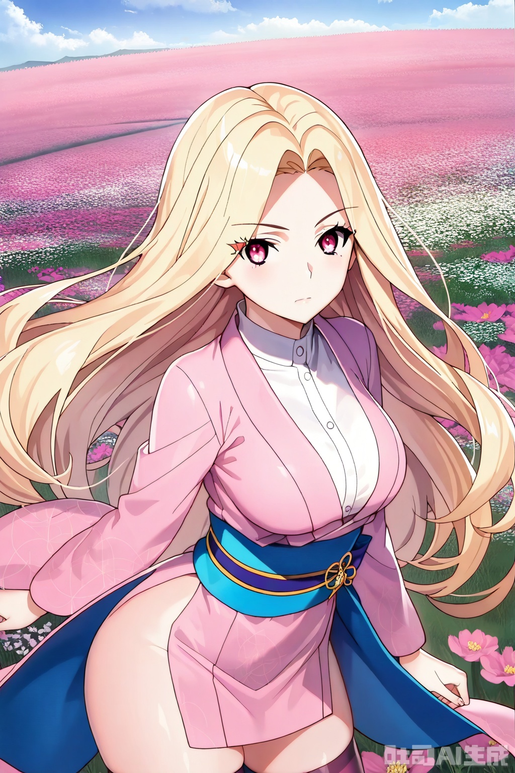 1girl, solo, long hair, breasts, looking at viewer,blonde hair, long sleeves, closed mouth, thighs,  japanese clothes, pink eyes, kimono, sash,  pink kimono,masterpiece,best quality,official art,extremely detailed CG unity 8k wallpaper,


Thigh exposed,thighhighs,looking at viewer,flower field,flower field,