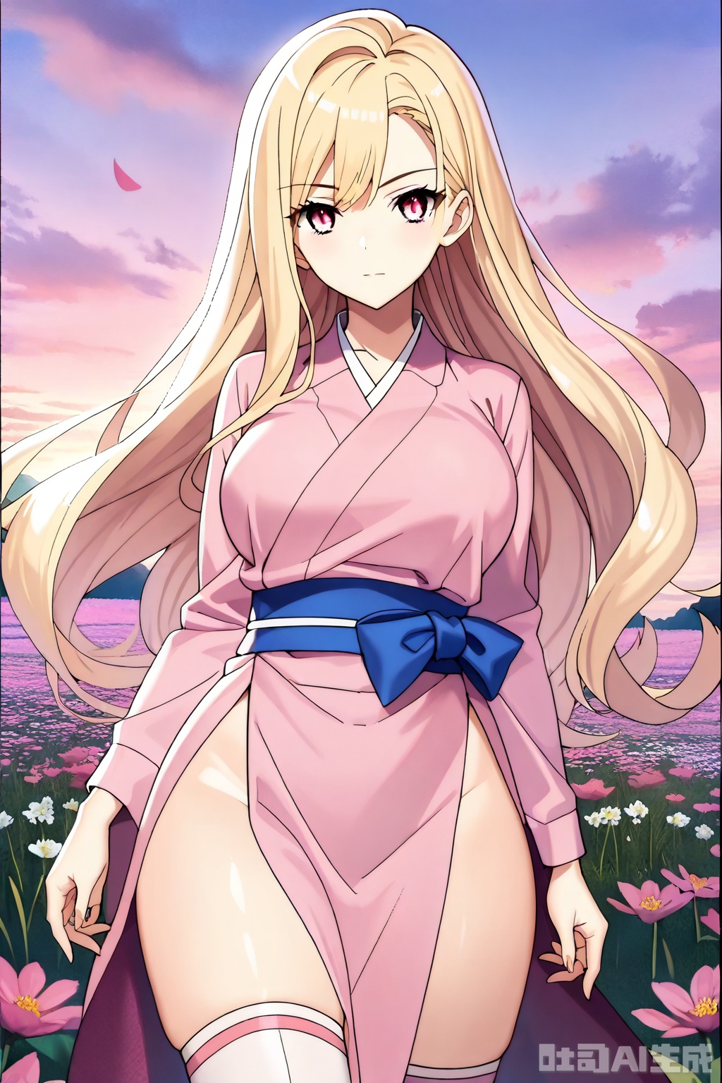 1girl, solo, long hair, breasts, looking at viewer,blonde hair, long sleeves, closed mouth, thighs,  japanese clothes, pink eyes, kimono, sash,  pink kimono,masterpiece,best quality,official art,extremely detailed CG unity 8k wallpaper,


Thigh exposed,thighhighs,looking at viewer,flower field,flower field,