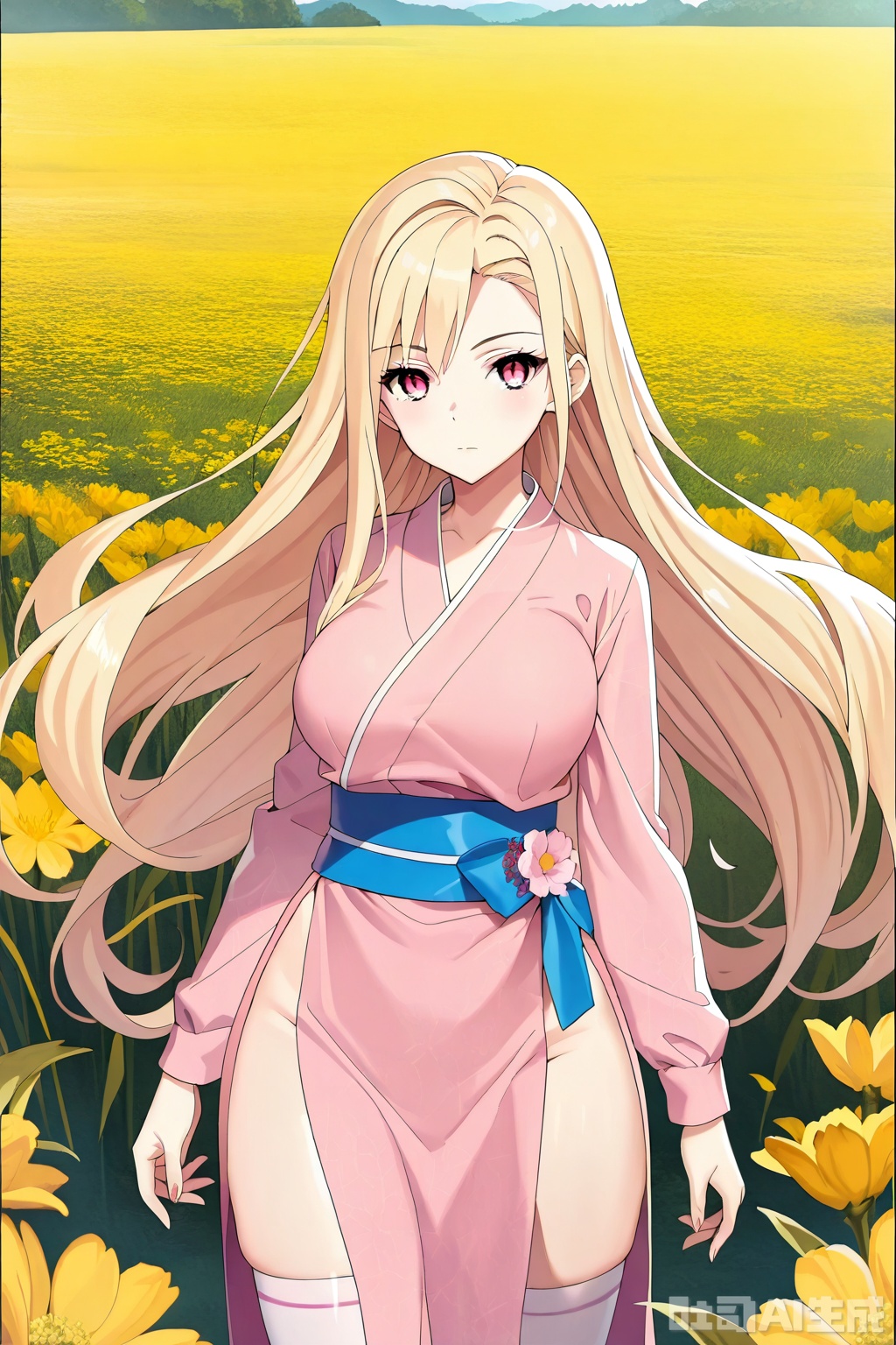 1girl, solo, long hair, breasts, looking at viewer,blonde hair, long sleeves, closed mouth, thighs,  japanese clothes, pink eyes, kimono, sash,  pink kimono,masterpiece,best quality,official art,extremely detailed CG unity 8k wallpaper,


Thigh exposed,thighhighs,looking at viewer,flower field,flower field,