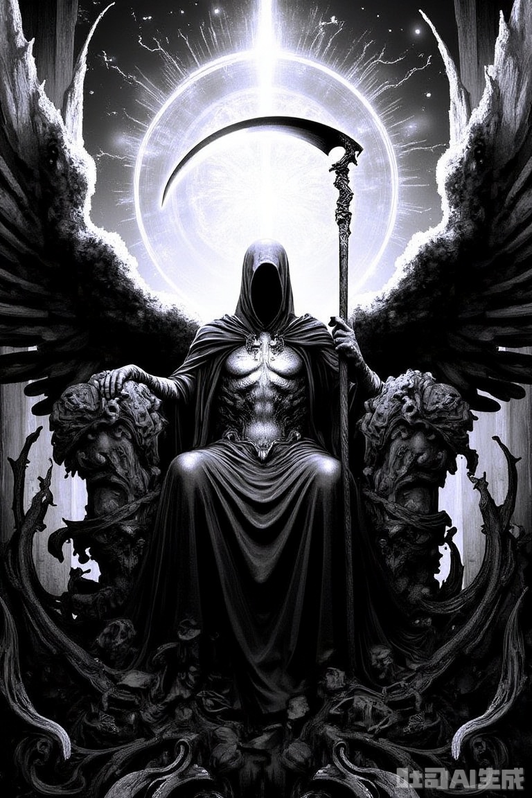 The image is a black and white illustration of a person sitting on a throne with a scythe in their hand
The person is wearing a hooded cloak and is holding a long, curved sword with a pointed tip
The throne is made of stone and is decorated with intricate carvings and designs
The background is dark and the overall mood of the image is ominous and foreboding. The person is sitting on the throne with their legs crossed and their hands resting on their lap
They appear to be in a meditative pose, with their eyes closed and their head tilted back, as if they are deep in thought
Behind them, there is a large, circular orb with a glowing light emanating from it
The orb is surrounded by a halo of light, giving the impression of a mystical and mystical atmosphere
The overall color scheme is dark, with a mix of light and dark tones.