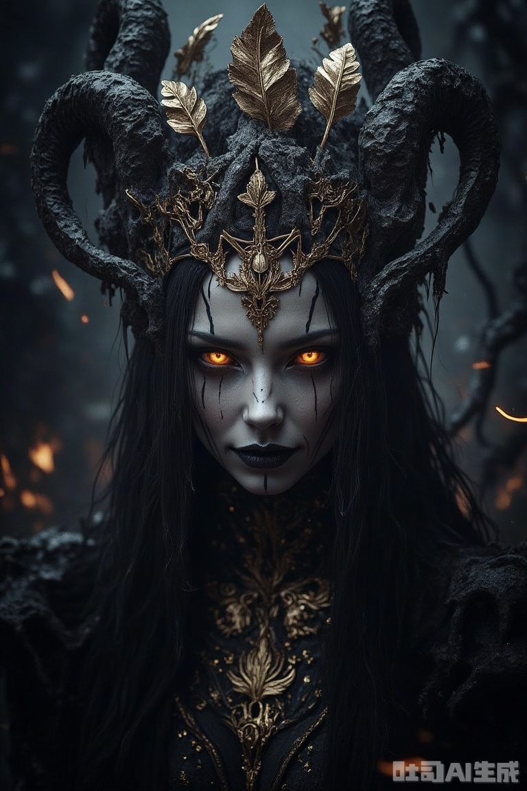The image is a digital art piece that appears to be a portrait of a woman's face and upper body
The woman is wearing a black and gold costume with intricate details and patterns
Her face is painted with white and black makeup, and her eyes are a piercing orange color
She has a crown of gold leaves on her head, which is intricately designed with intricate patterns and designs
Her hair is long and flowing, cascading down her back. The background is dark and eerie, with a hint of smoke and flames surrounding her
The overall mood of the image is mysterious and eerie
The image has a dark and moody tone, with the woman's expression conveying a sense of power and power.