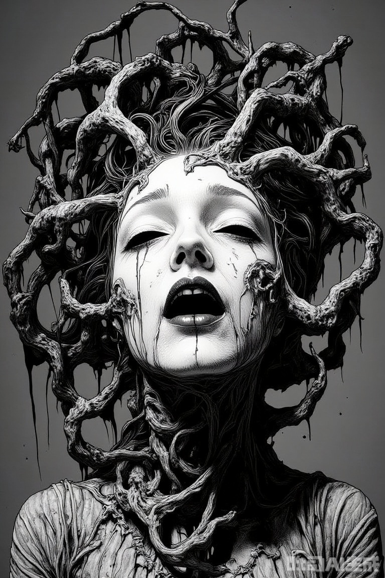 The image is a black and white illustration of a woman's face
The face is in the center of the image, with her eyes closed and her mouth slightly open
Her hair is twisted and tangled around her head, creating a chaotic and unsettling appearance
The background is a dark grey color, making the face stand out even more. The woman's expression is one of sadness or despair, with tears streaming down her cheeks
Her lips are slightly parted, as if she is crying or crying
The overall mood of the illustration is dark and eerie.
