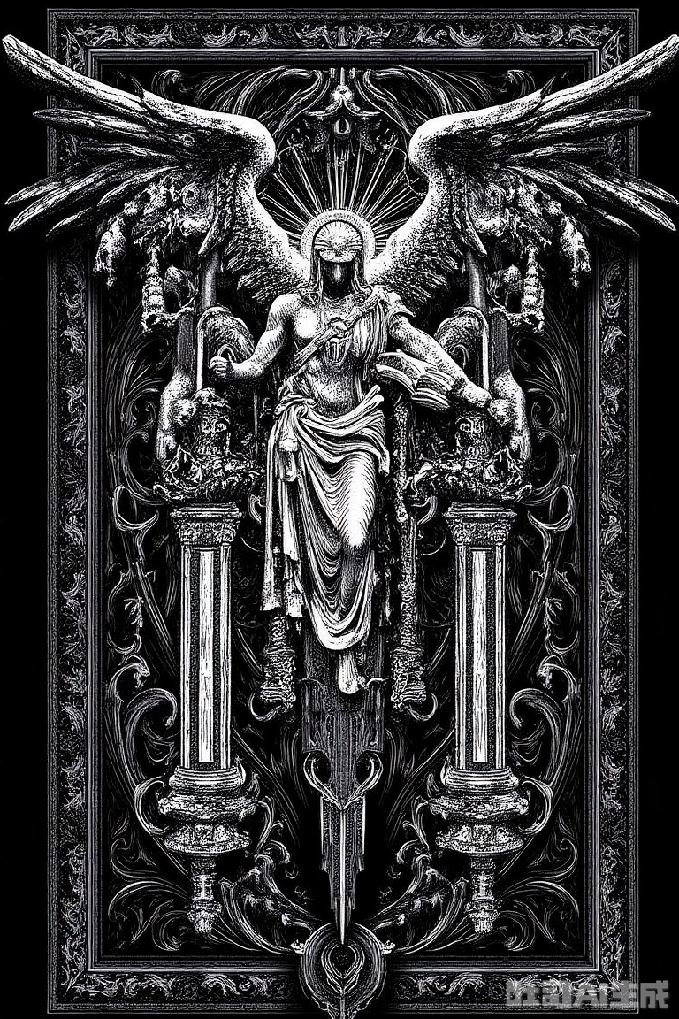 The image is a black and white illustration of a Gothic-style cross with intricate details and patterns
The cross is made of metal and has a large, ornate design with a central figure in the center
The figure appears to be a figure of a person with a crown of thorns on their head, holding a book in their hands
Surrounding the figure are two smaller figures, one on either side of the figure, who appear to be angels or demons
The figures are holding swords and shields, and the background is filled with intricate patterns and designs. The cross is framed by two large, pointed wings on either end, which are also intricately detailed
The wings are spread out, creating a sense of power and strength
The overall style of the cross is ornate and ornate, with a dark and ominous tone.